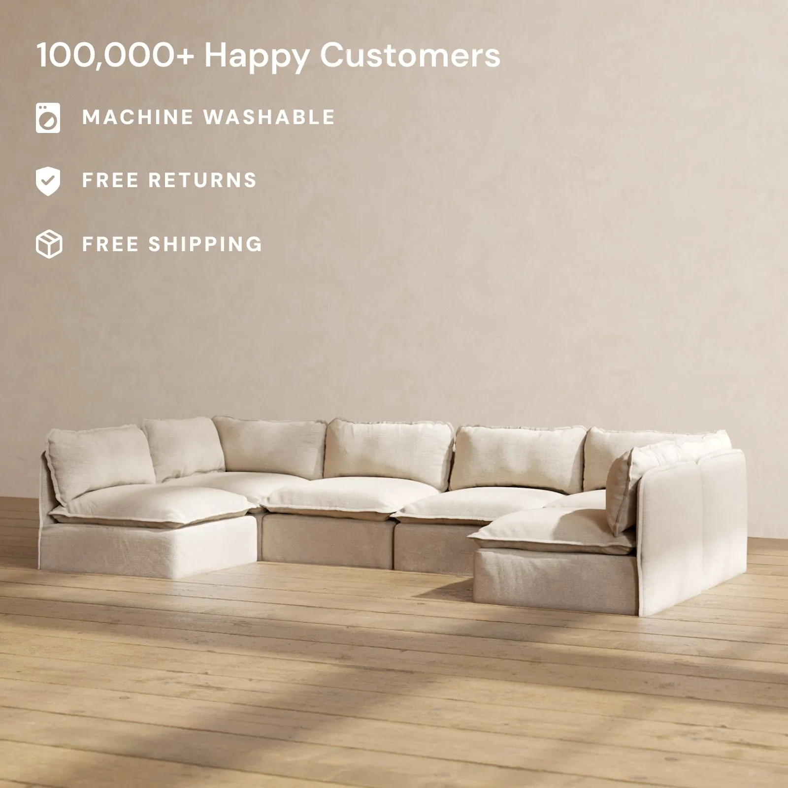 Modular Washable 6-Seater Open-Ends U-Sectional in Oat | Deluxe  Seat | Cloud Pillow