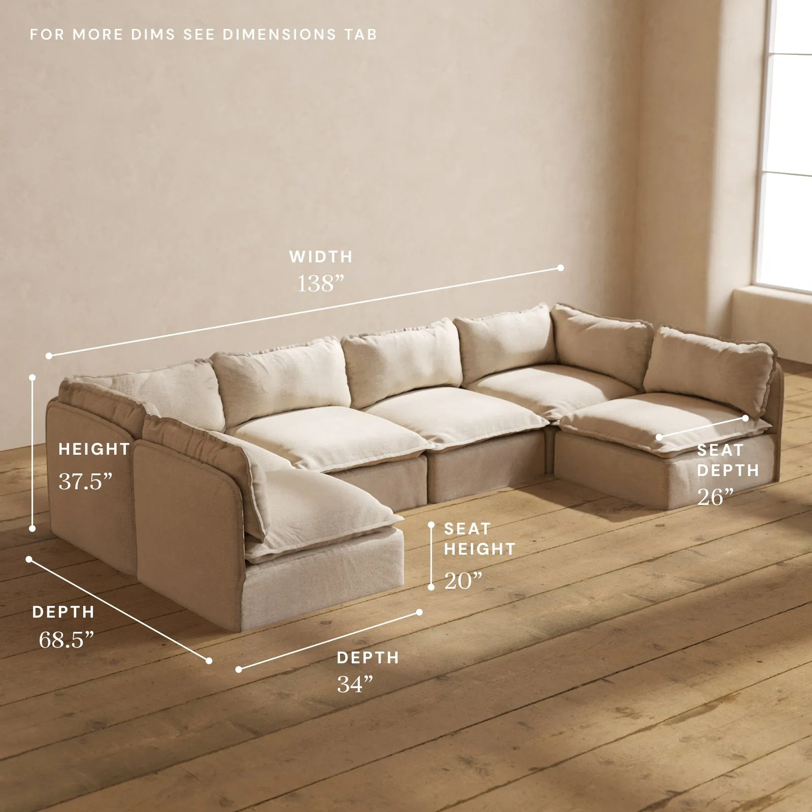 Modular Washable 6-Seater Open-Ends U-Sectional in Oat | Deluxe  Seat | Cloud Pillow