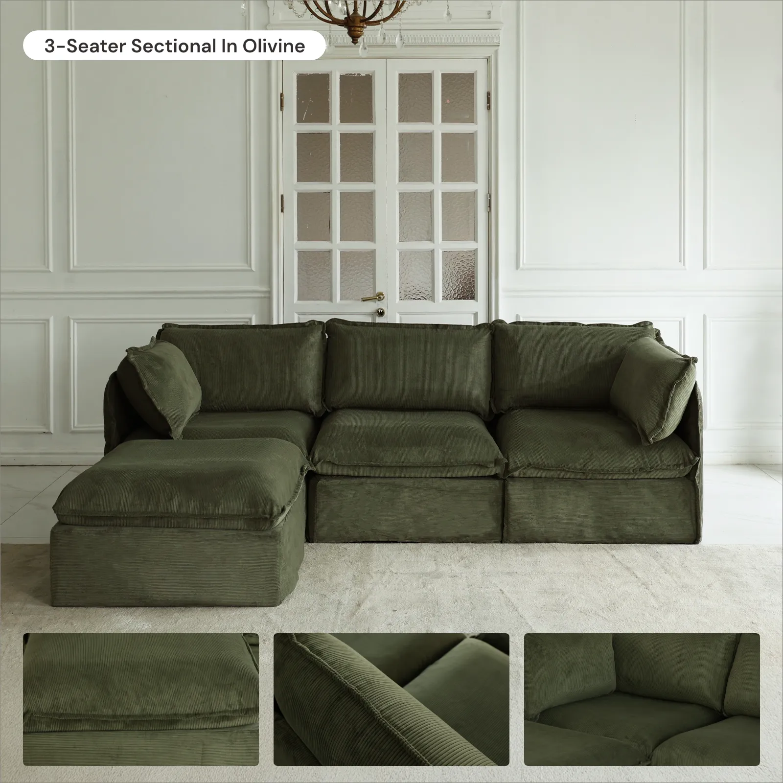 Modular Washable 6-Seater Open-Ends U-Sectional in Olivine | Deluxe  Seat | Cloud Pillow