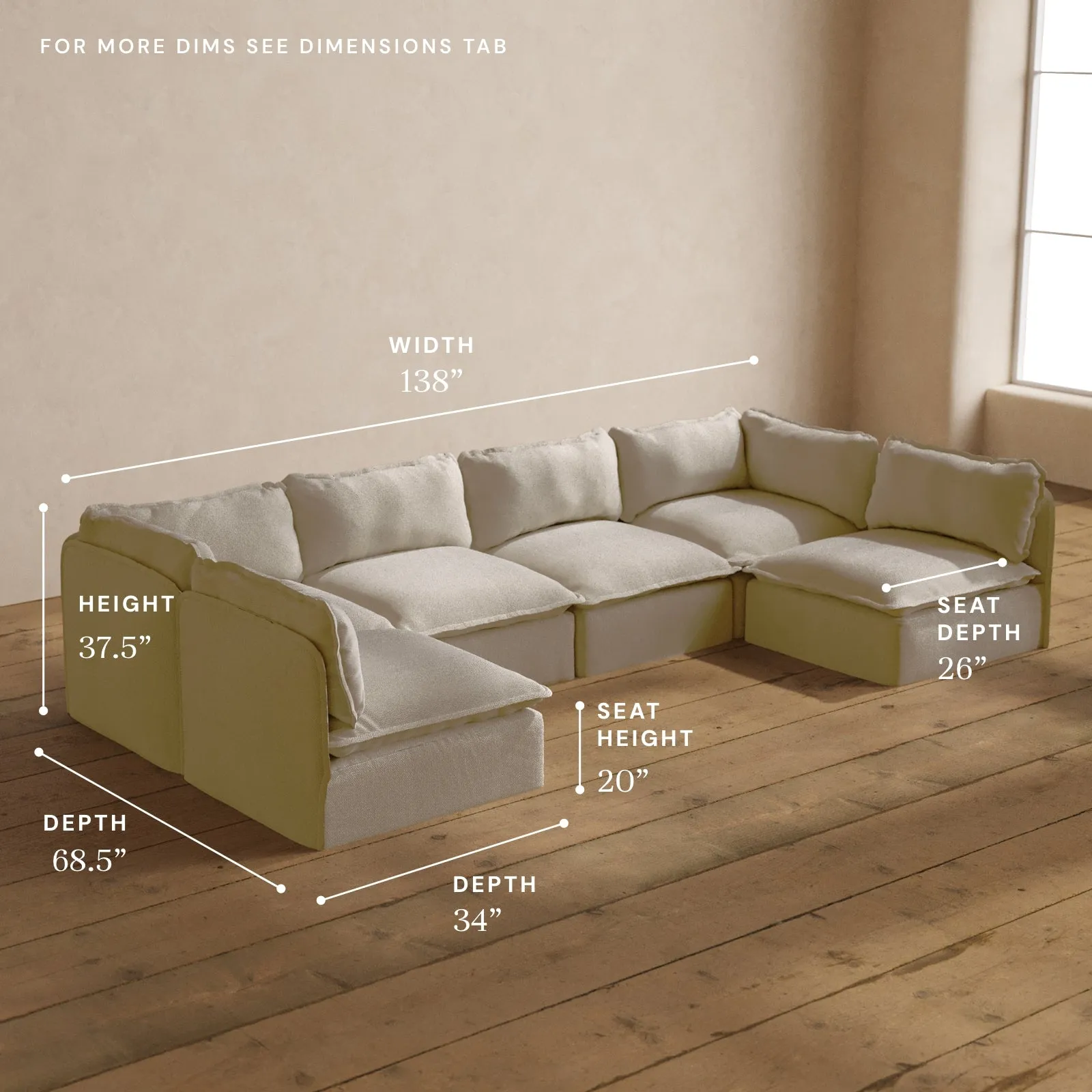Modular Washable 6-Seater Open-Ends U-Sectional in Powder | Deluxe  Seat | Cloud Pillow