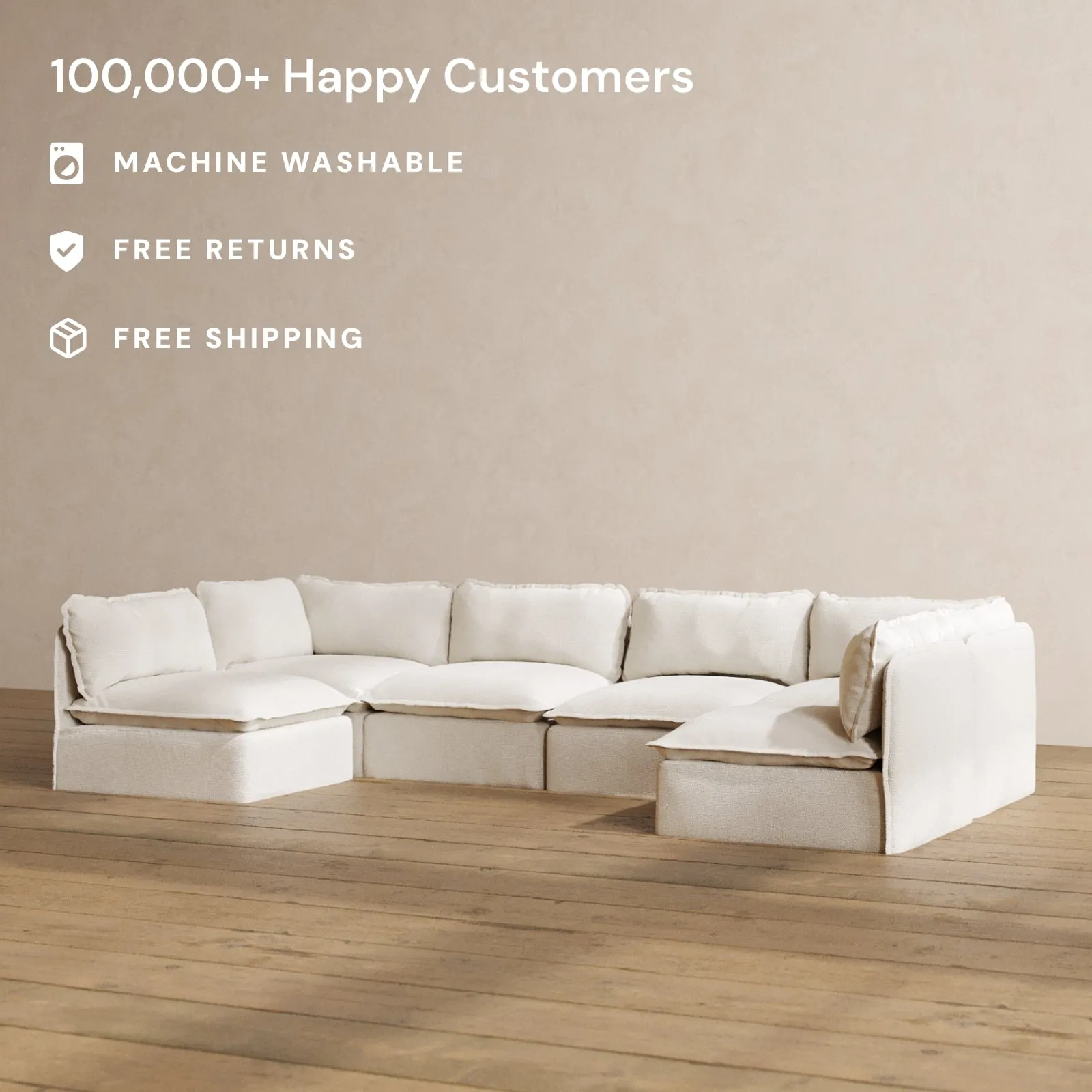 Modular Washable 6-Seater Open-Ends U-Sectional in Powder | Deluxe  Seat | Cloud Pillow