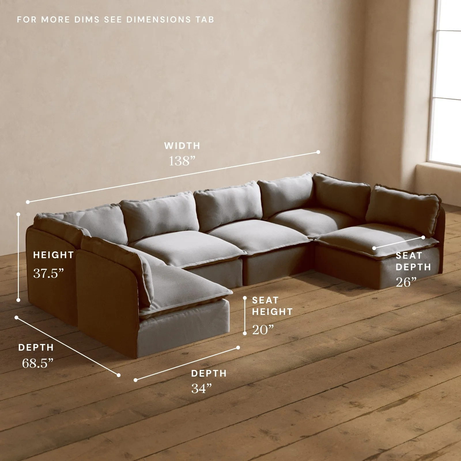 Modular Washable 6-Seater Open-Ends U-Sectional in Pumice | Memorix  Seat | Contour Pillow