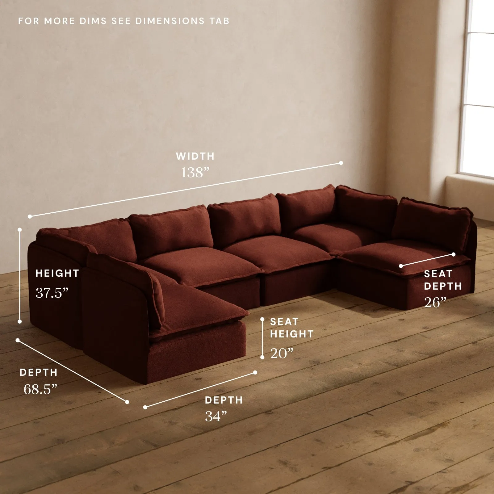 Modular Washable 6-Seater Open-Ends U-Sectional in Rust | Memorix  Seat | Contour Pillow