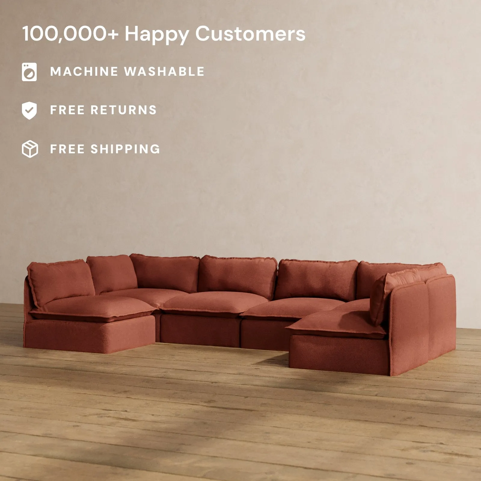 Modular Washable 6-Seater Open-Ends U-Sectional in Rust | Memorix  Seat | Contour Pillow