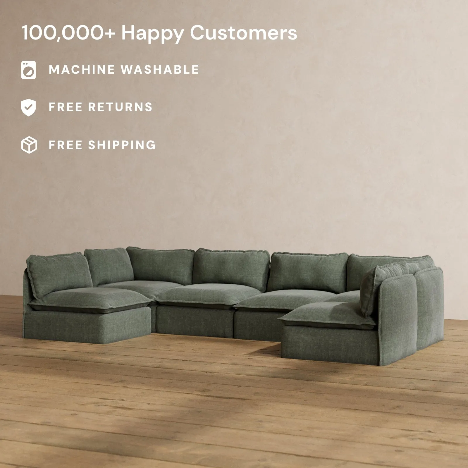 Modular Washable 6-Seater Open-Ends U-Sectional in Willow | Deluxe  Seat | Cloud Pillow