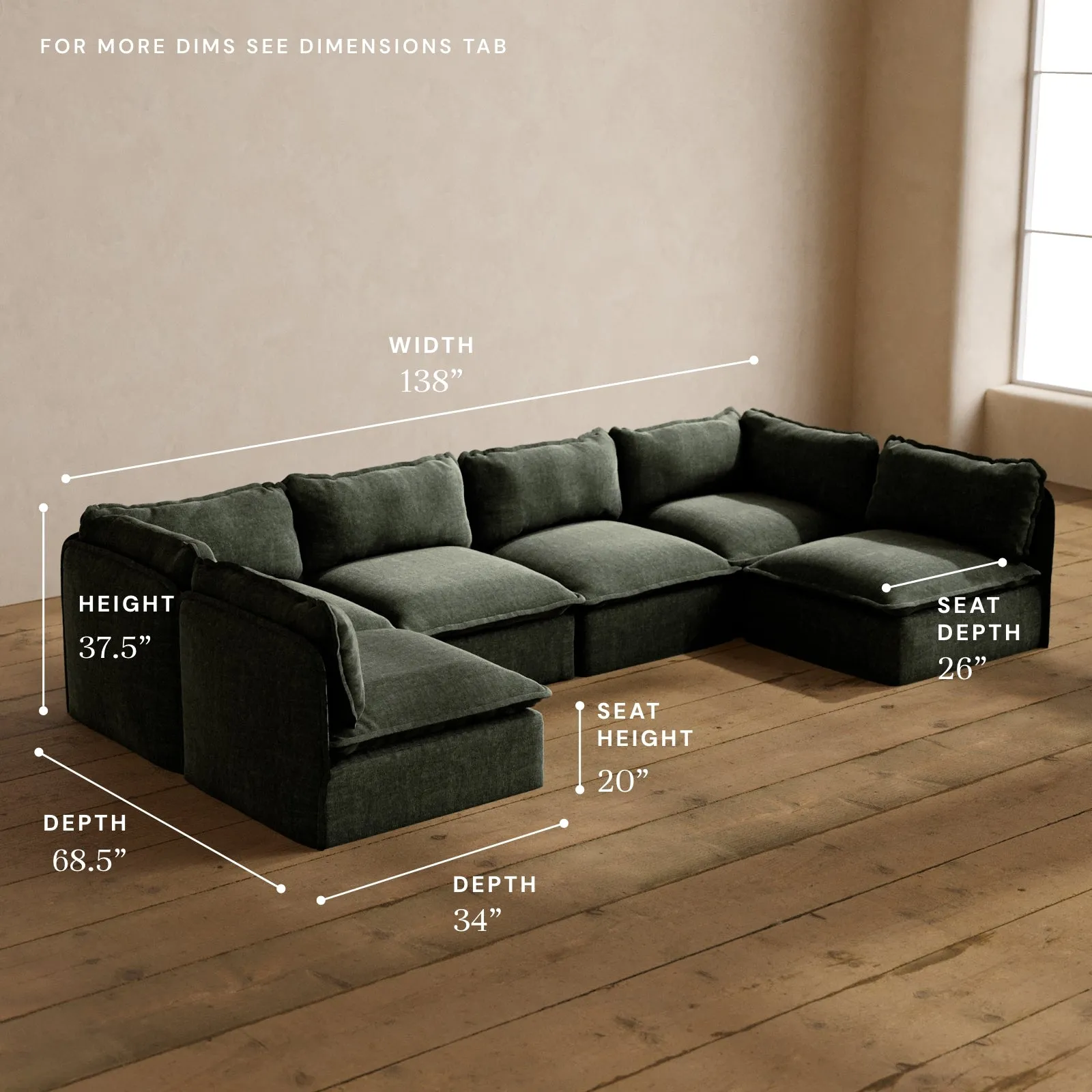 Modular Washable 6-Seater Open-Ends U-Sectional in Willow | Memorix  Seat | Contour Pillow