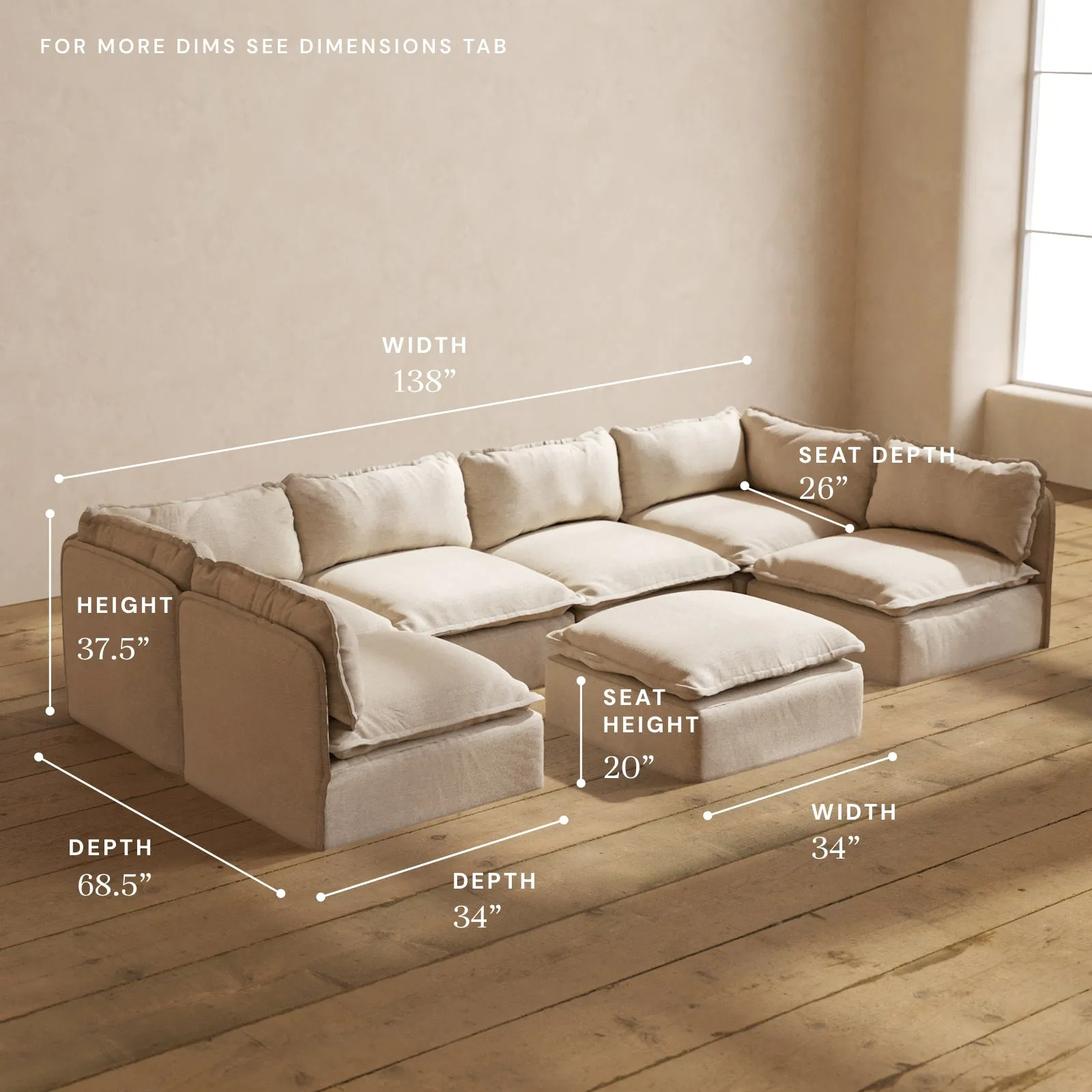 Modular Washable 6-Seater Open-Ends U-Sectional   Ottoman in Oat | Deluxe  Seat | Cloud Pillow