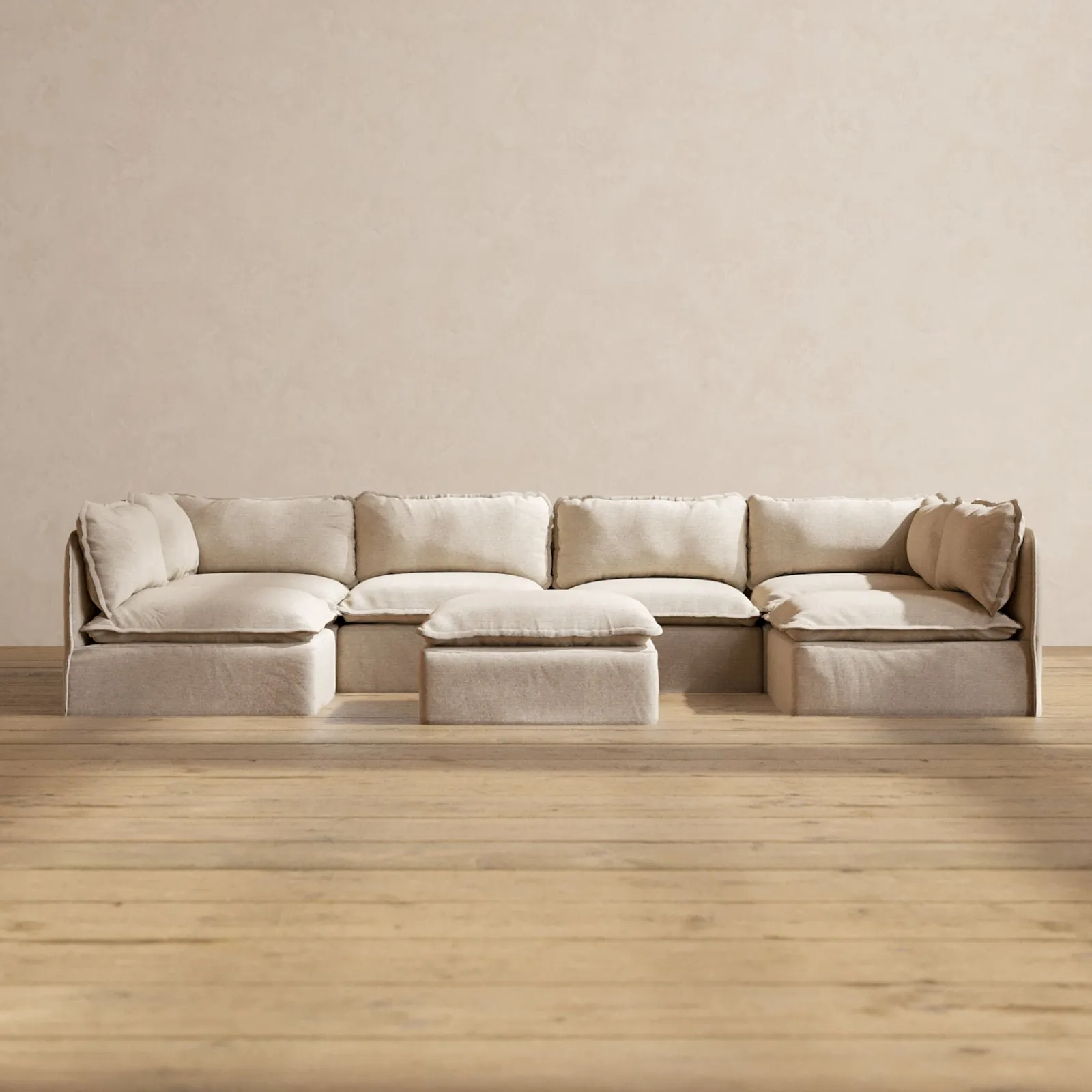 Modular Washable 6-Seater Open-Ends U-Sectional   Ottoman in Oat | Deluxe  Seat | Cloud Pillow