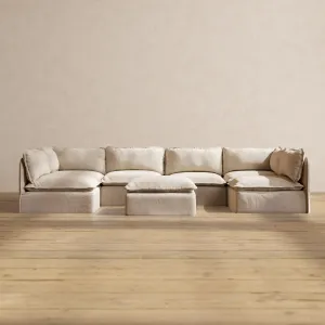 Modular Washable 6-Seater Open-Ends U-Sectional   Ottoman in Oat | Deluxe  Seat | Cloud Pillow