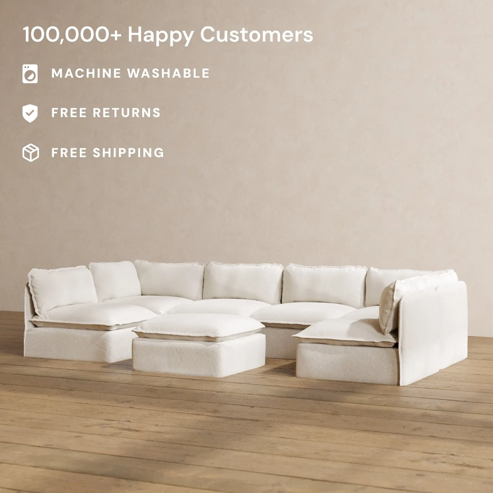 Modular Washable 6-Seater Open-Ends U-Sectional   Ottoman in Powder | Deluxe  Seat | Cloud Pillow