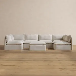 Modular Washable 6-Seater Open-Ends U-Sectional   Ottoman in Powder | Deluxe  Seat | Cloud Pillow
