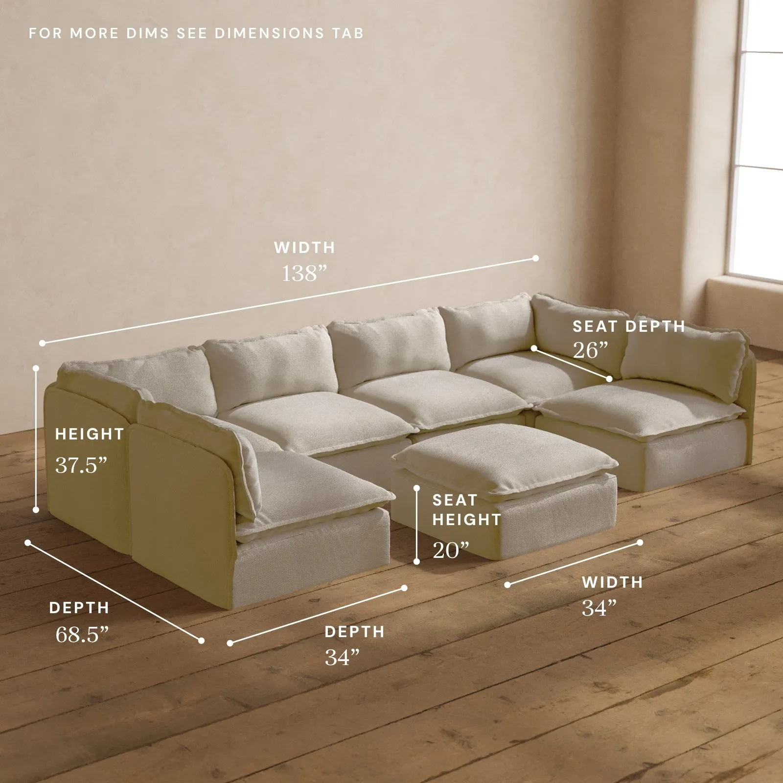 Modular Washable 6-Seater Open-Ends U-Sectional   Ottoman in Powder | Deluxe  Seat | Cloud Pillow
