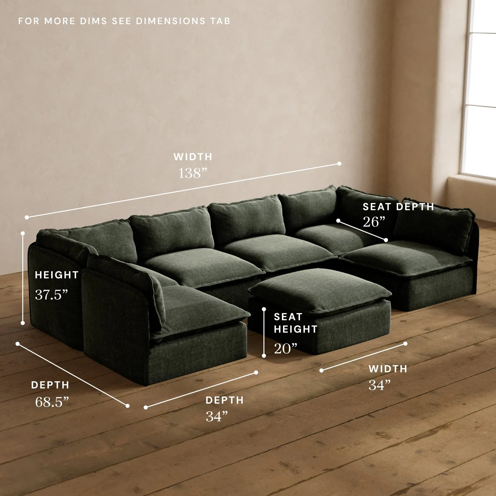 Modular Washable 6-Seater Open-Ends U-Sectional   Ottoman in Willow | Deluxe  Seat | Cloud Pillow
