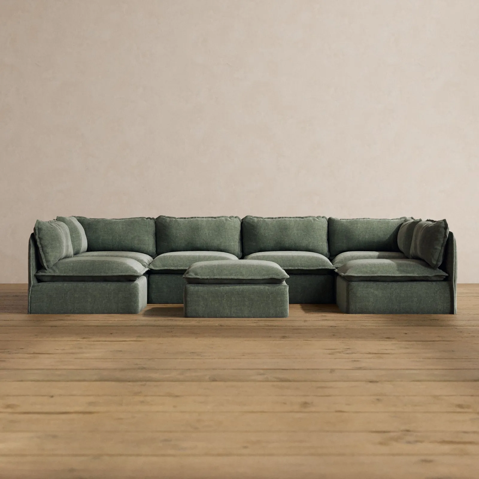 Modular Washable 6-Seater Open-Ends U-Sectional   Ottoman in Willow | Deluxe  Seat | Cloud Pillow