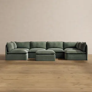 Modular Washable 6-Seater Open-Ends U-Sectional   Ottoman in Willow | Deluxe  Seat | Cloud Pillow
