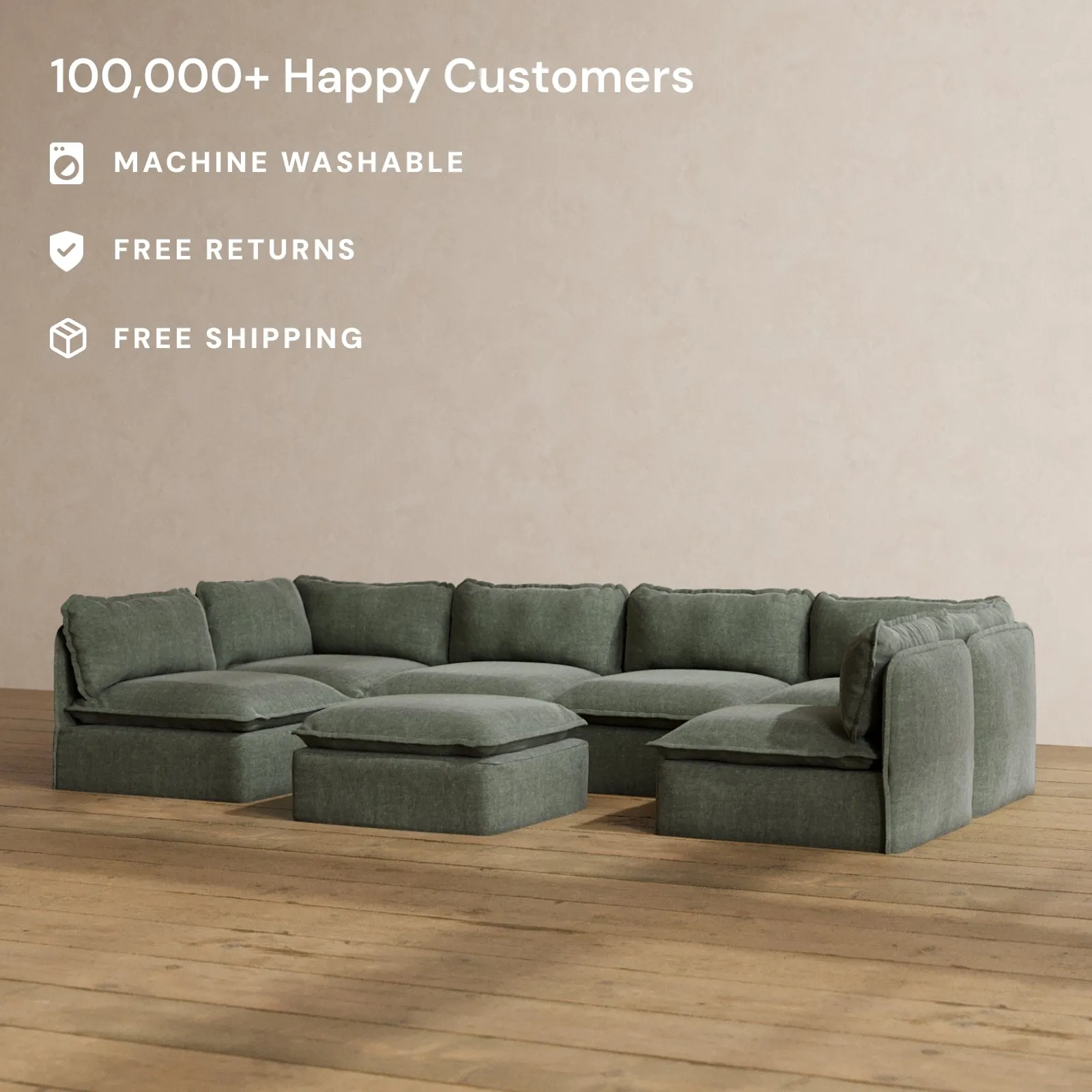 Modular Washable 6-Seater Open-Ends U-Sectional   Ottoman in Willow | Deluxe  Seat | Cloud Pillow