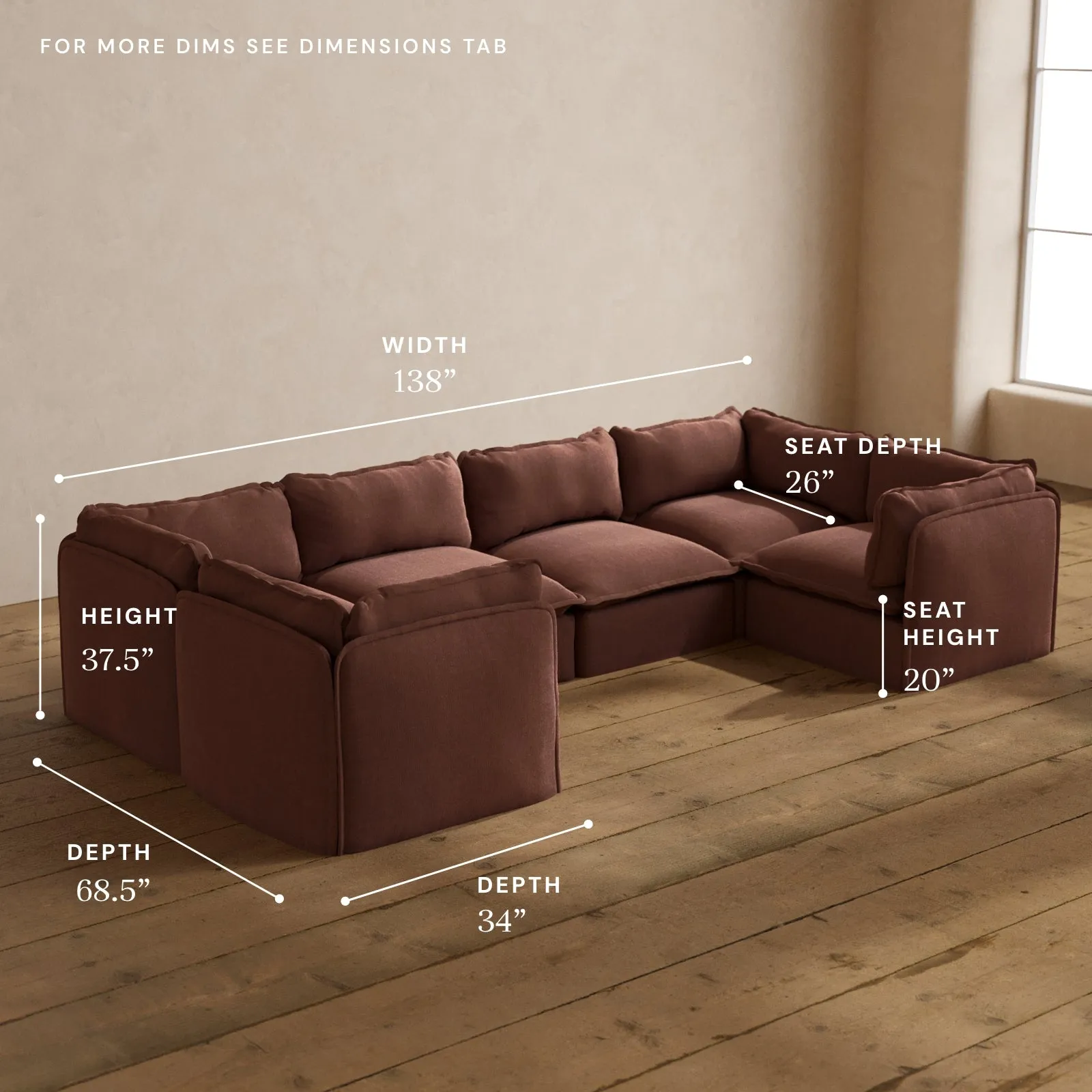 Modular Washable 6-Seater U-Sectional in Chestnut | Memorix  Seat | Contour Pillow