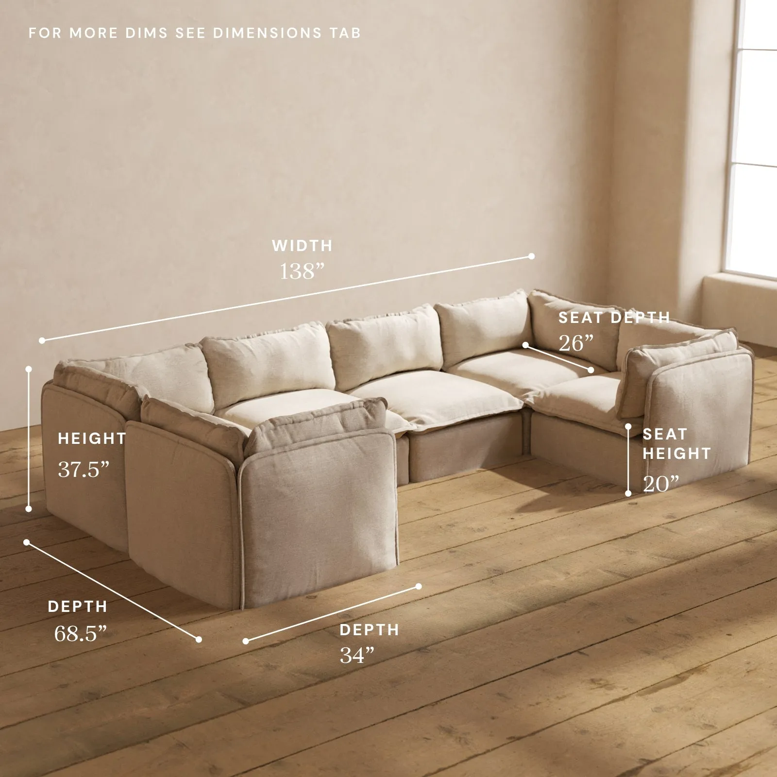Modular Washable 6-Seater U-Sectional in Oat | Memorix  Seat | Contour Pillow