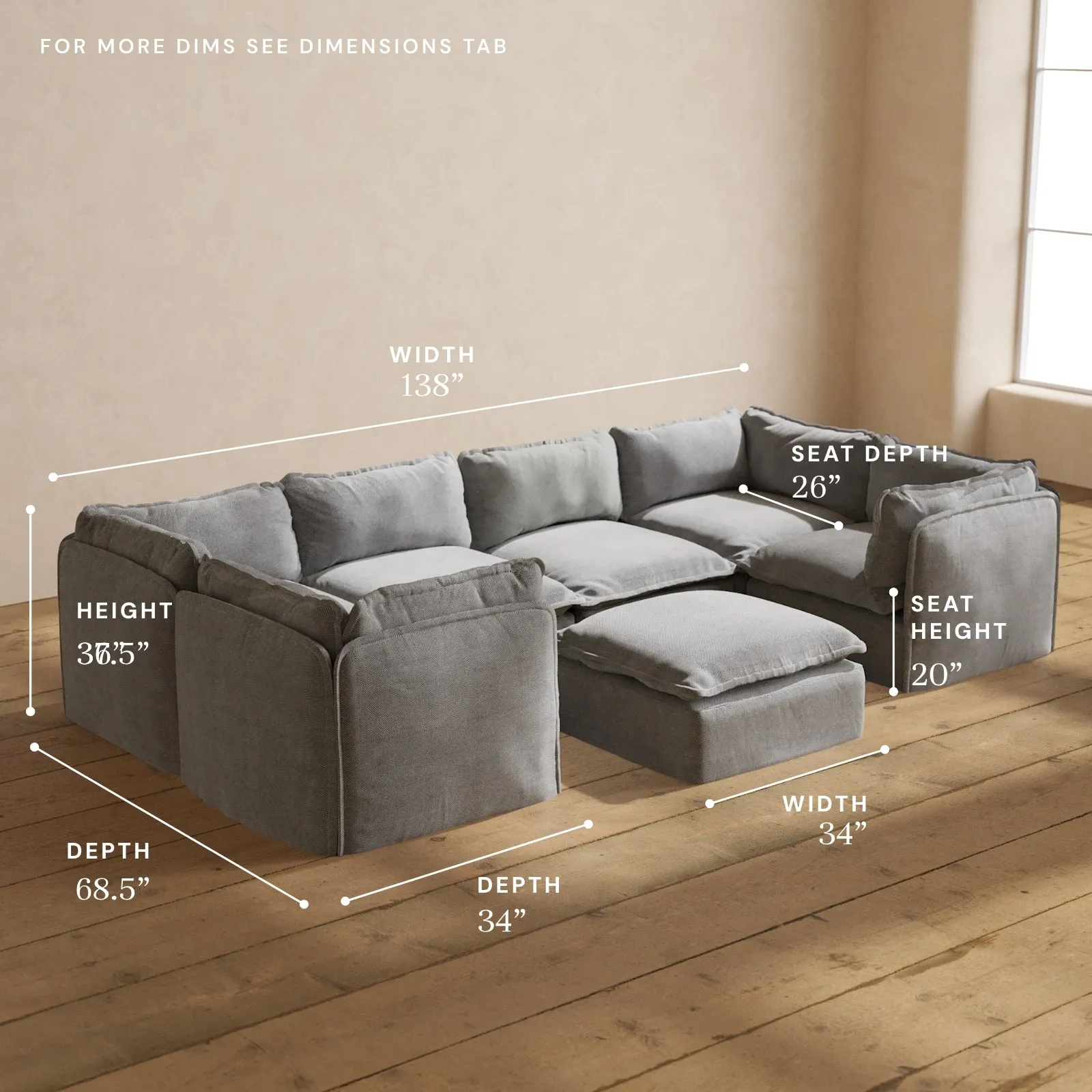 Modular Washable 6-Seater U-Sectional   Ottoman in Ash | Memorix  Seat | Contour Pillow