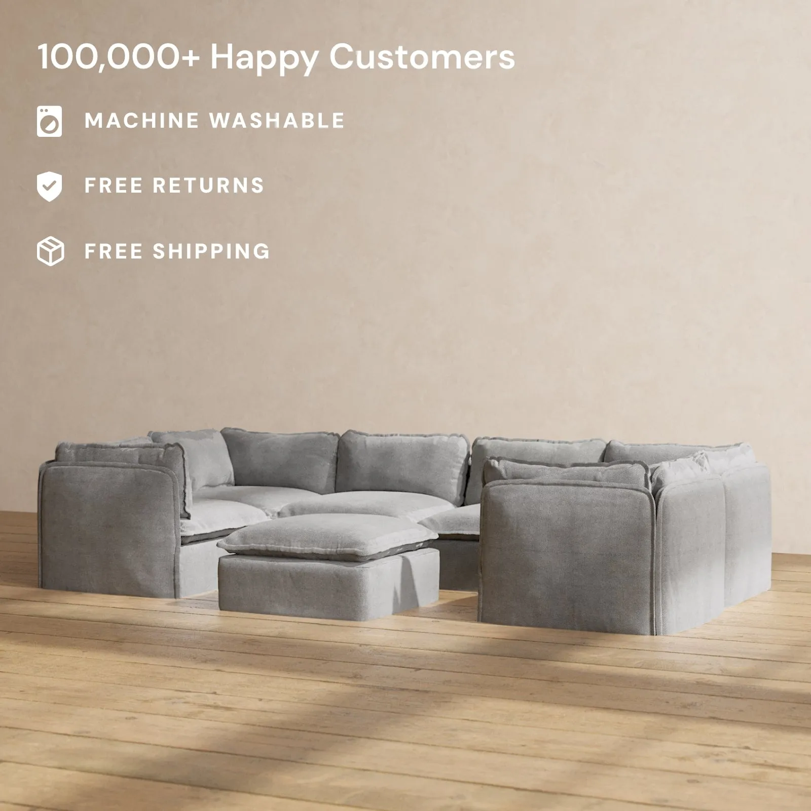 Modular Washable 6-Seater U-Sectional   Ottoman in Ash | Memorix  Seat | Contour Pillow