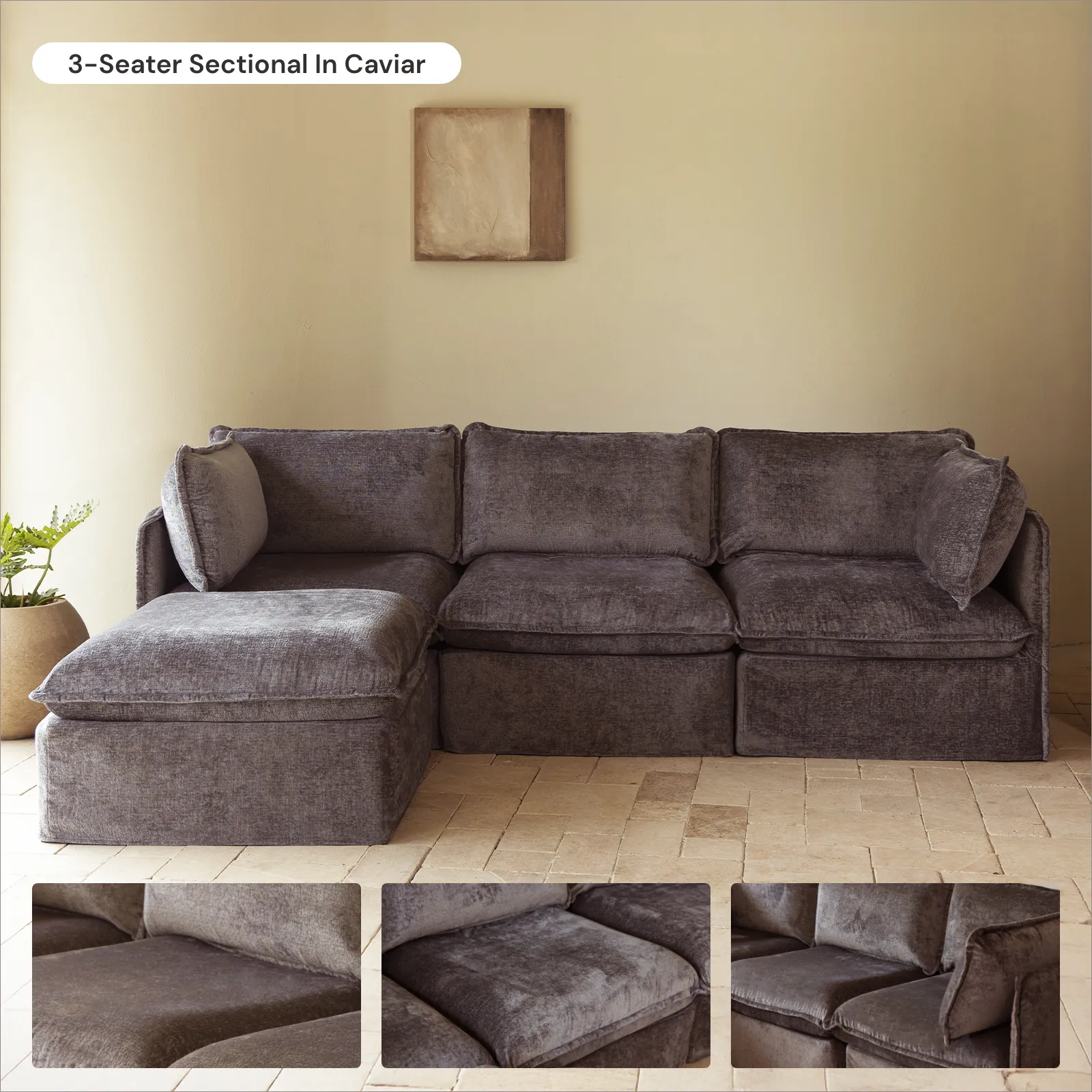 Modular Washable 6-Seater U-Sectional   Ottoman in Caviar | Deluxe  Seat | Cloud Pillow