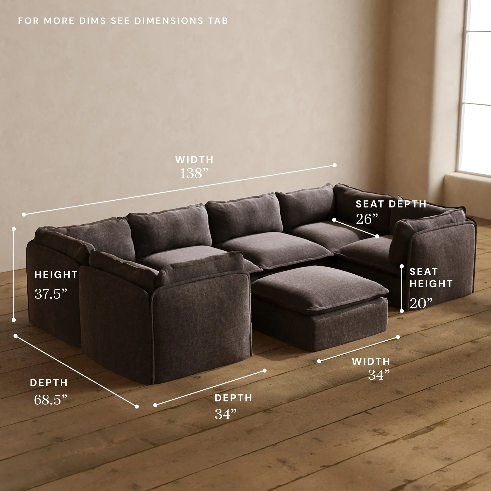 Modular Washable 6-Seater U-Sectional   Ottoman in Caviar | Memorix  Seat | Contour Pillow