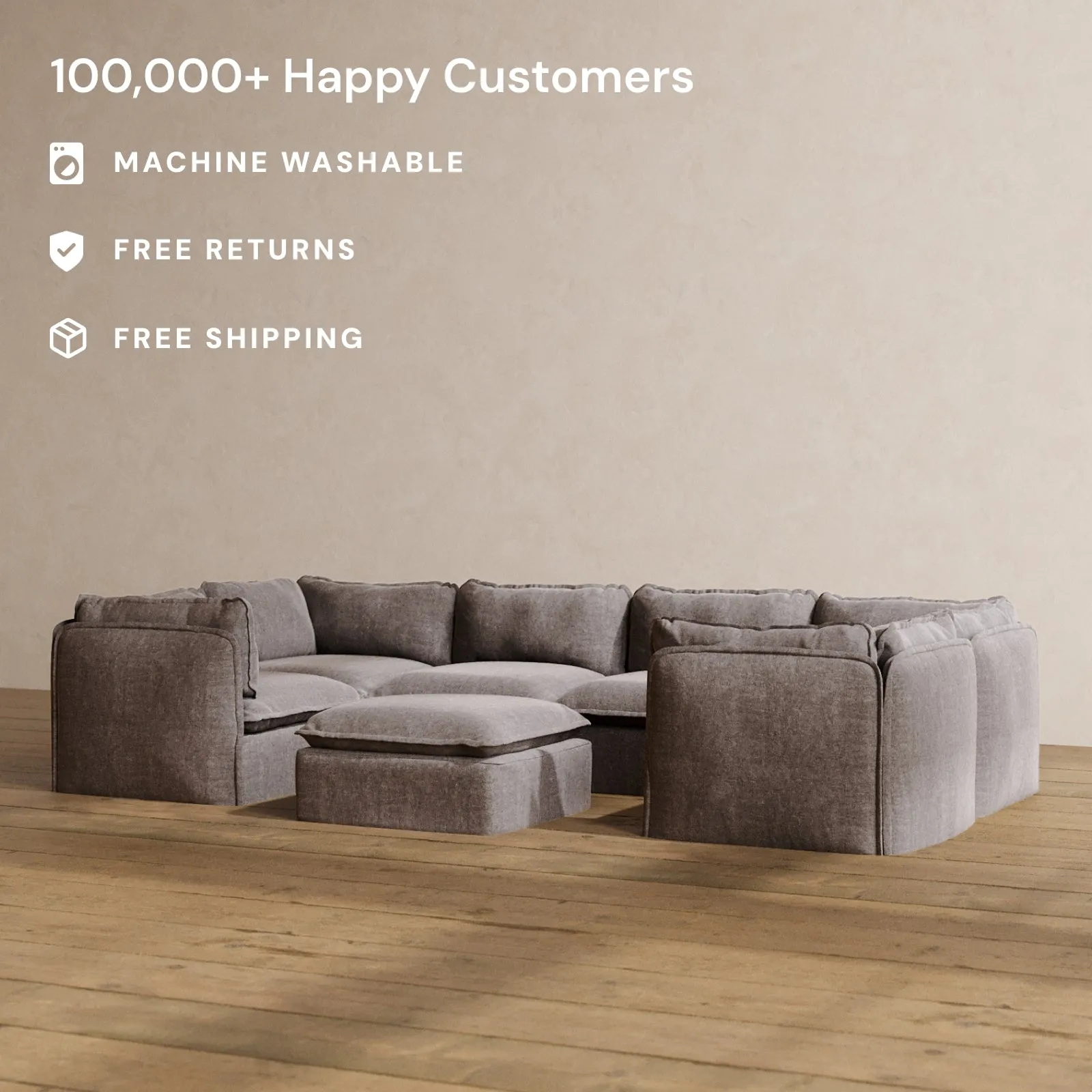 Modular Washable 6-Seater U-Sectional   Ottoman in Caviar | Memorix  Seat | Contour Pillow