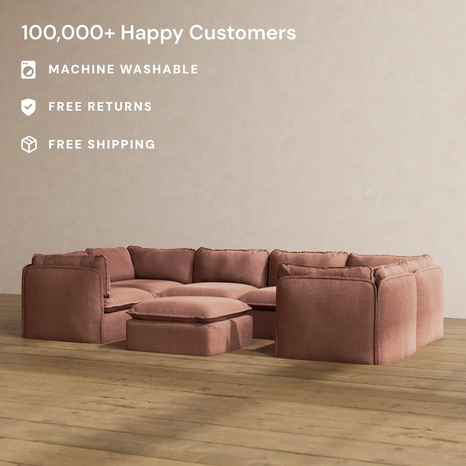 Modular Washable 6-Seater U-Sectional   Ottoman in Chestnut | Deluxe  Seat | Cloud Pillow