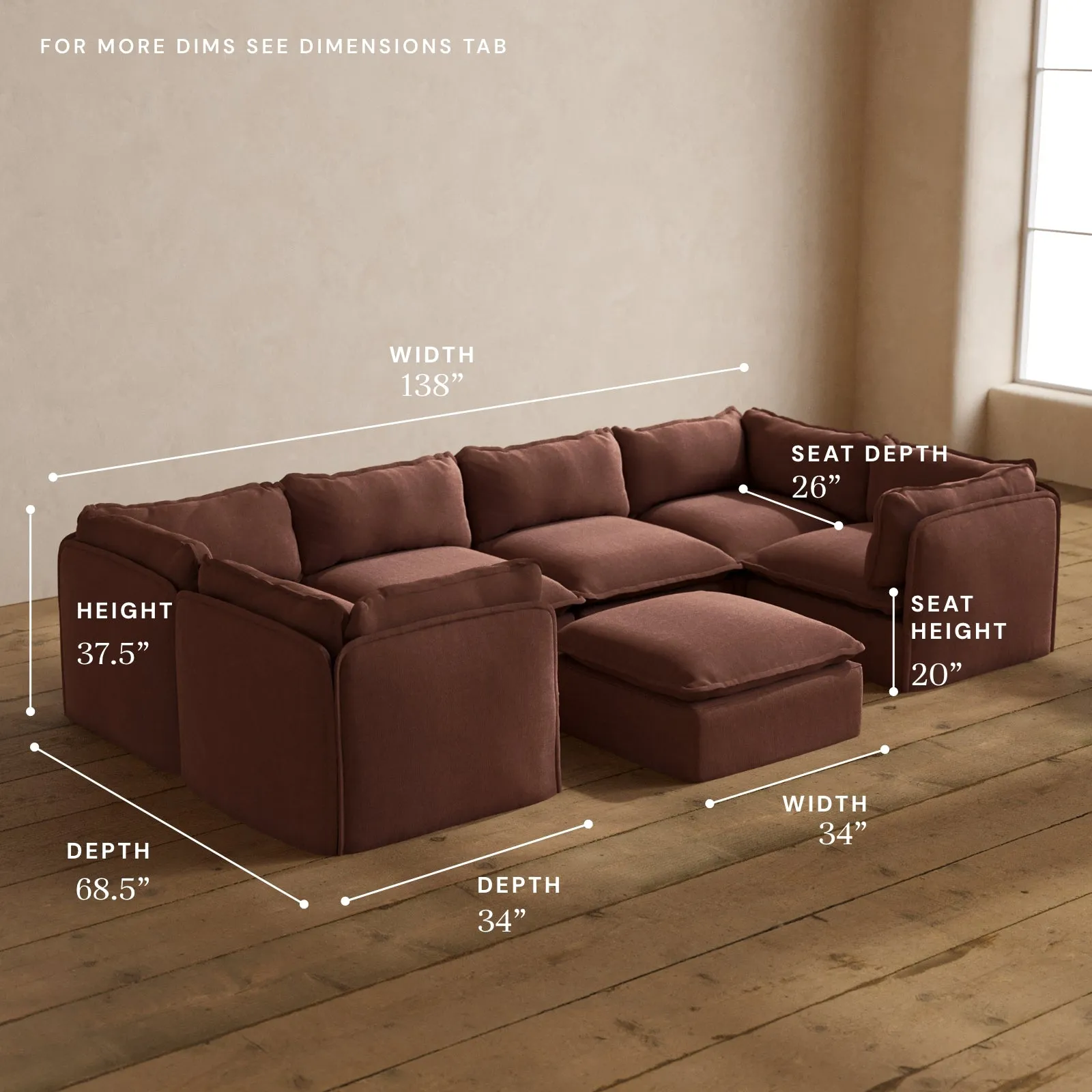 Modular Washable 6-Seater U-Sectional   Ottoman in Chestnut | Deluxe  Seat | Cloud Pillow