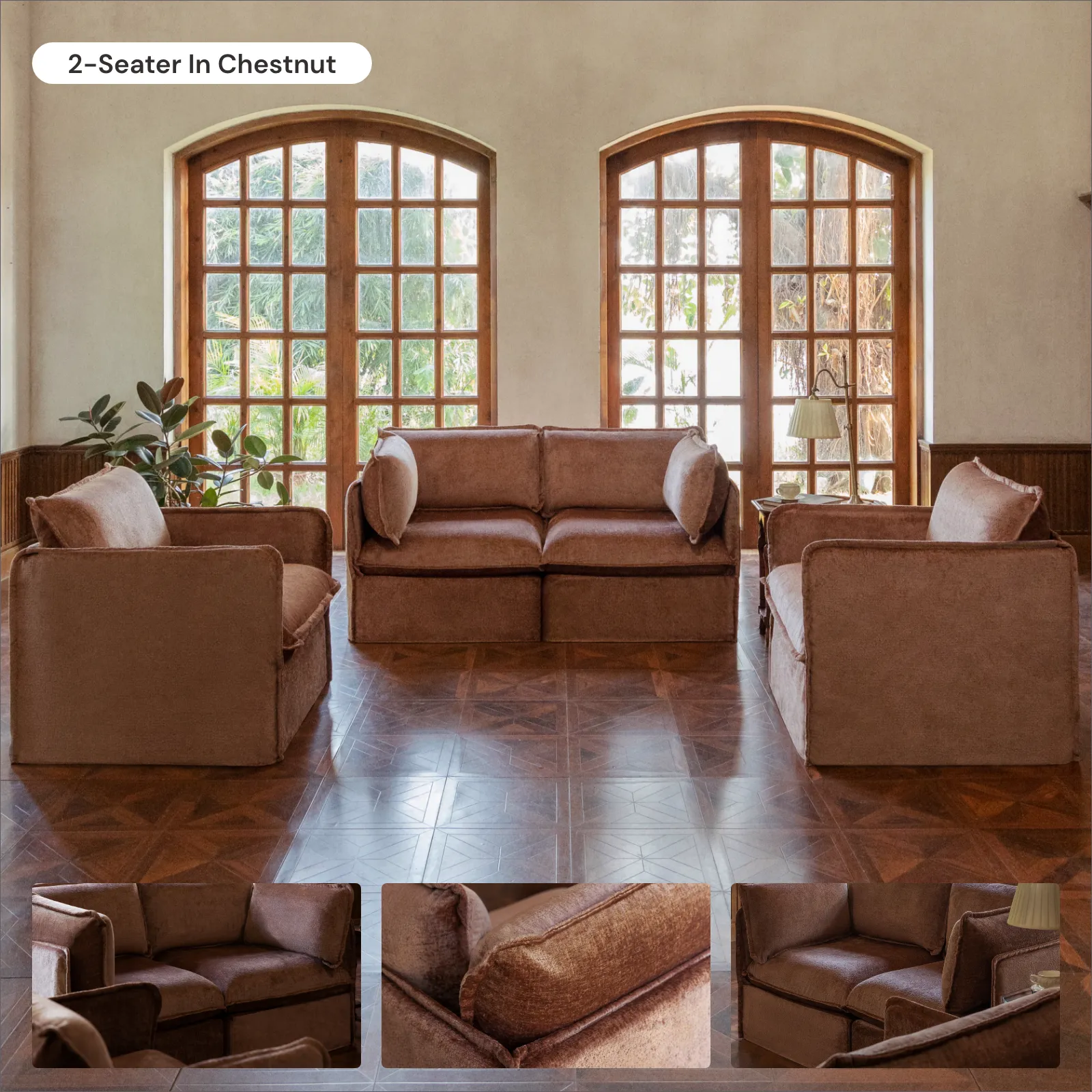 Modular Washable 6-Seater U-Sectional   Ottoman in Chestnut | Deluxe  Seat | Cloud Pillow