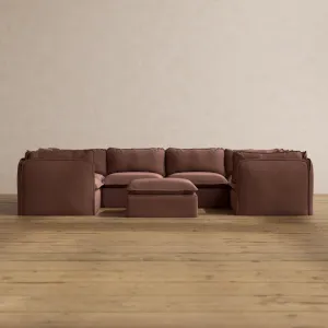Modular Washable 6-Seater U-Sectional   Ottoman in Chestnut | Memorix  Seat | Contour Pillow