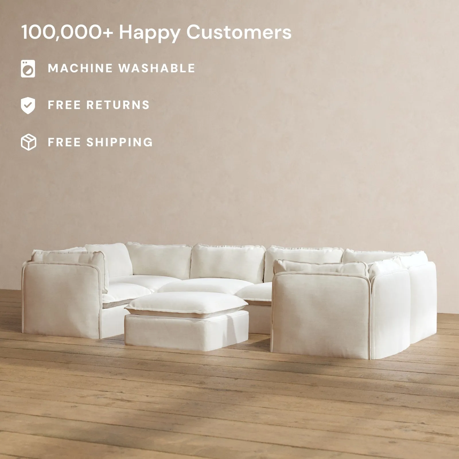 Modular Washable 6-Seater U-Sectional   Ottoman in Coco | Memorix  Seat | Contour Pillow