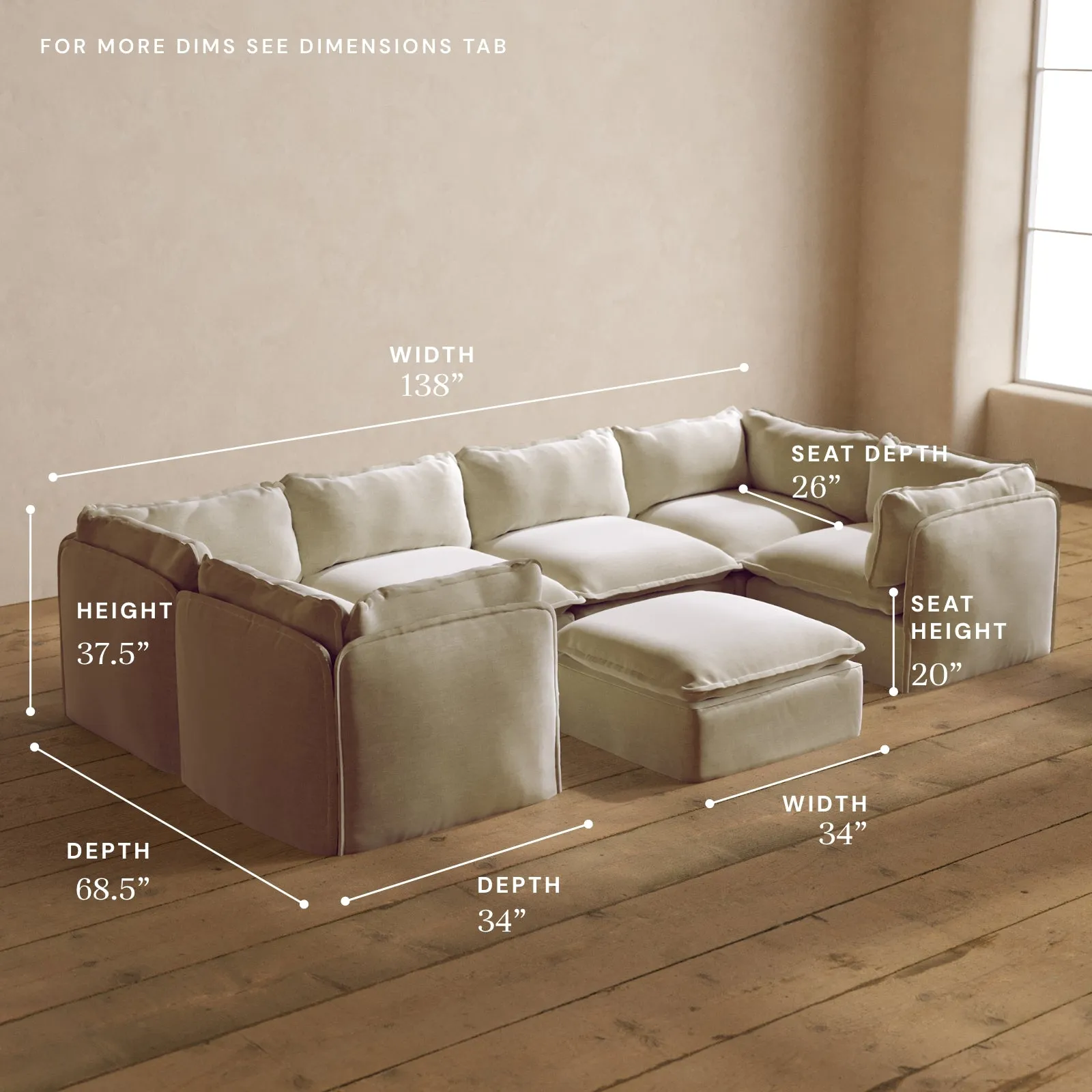 Modular Washable 6-Seater U-Sectional   Ottoman in Coco | Memorix  Seat | Contour Pillow