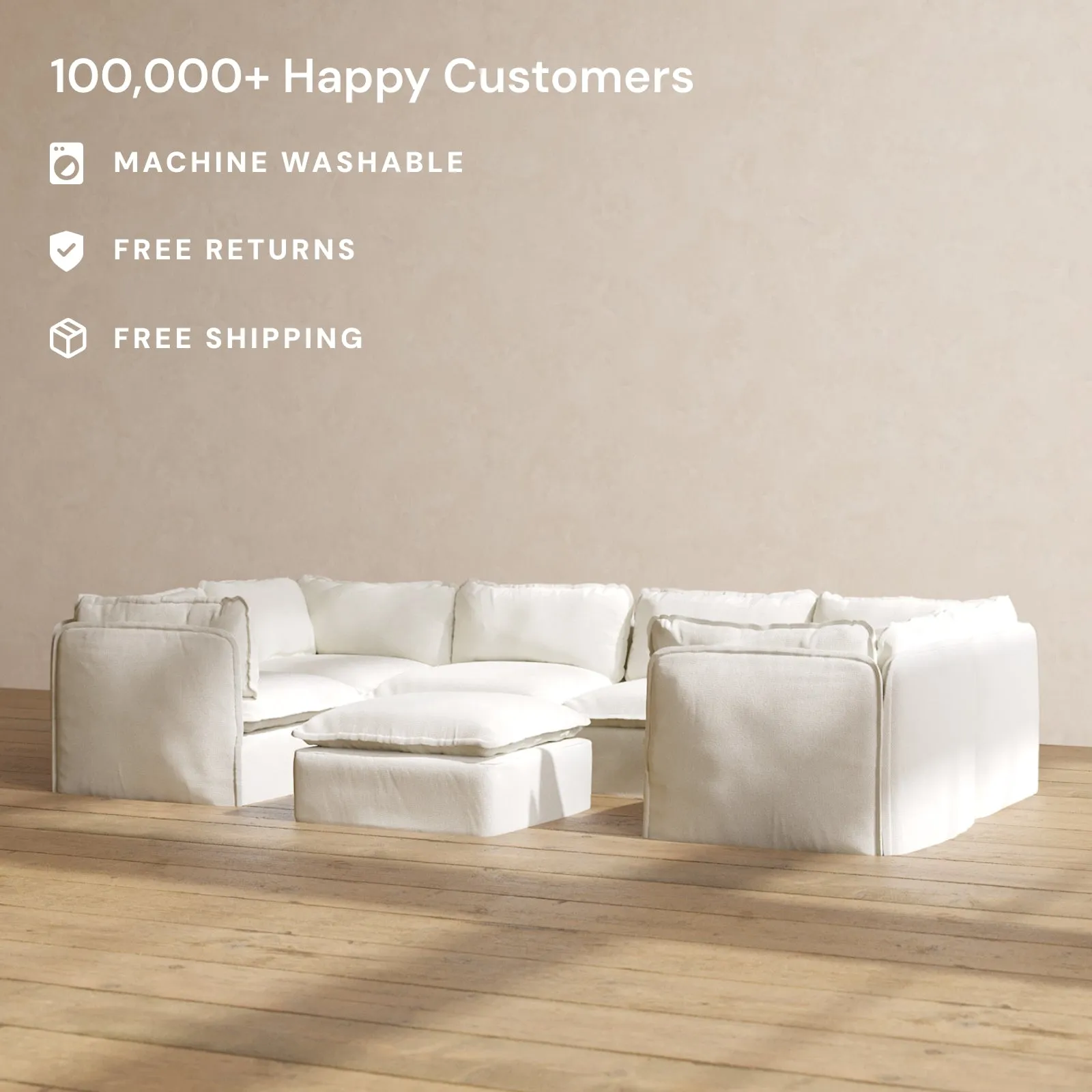 Modular Washable 6-Seater U-Sectional   Ottoman in Eggshell | Deluxe  Seat | Cloud Pillow