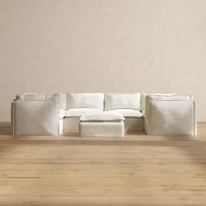 Modular Washable 6-Seater U-Sectional   Ottoman in Eggshell | Deluxe  Seat | Cloud Pillow