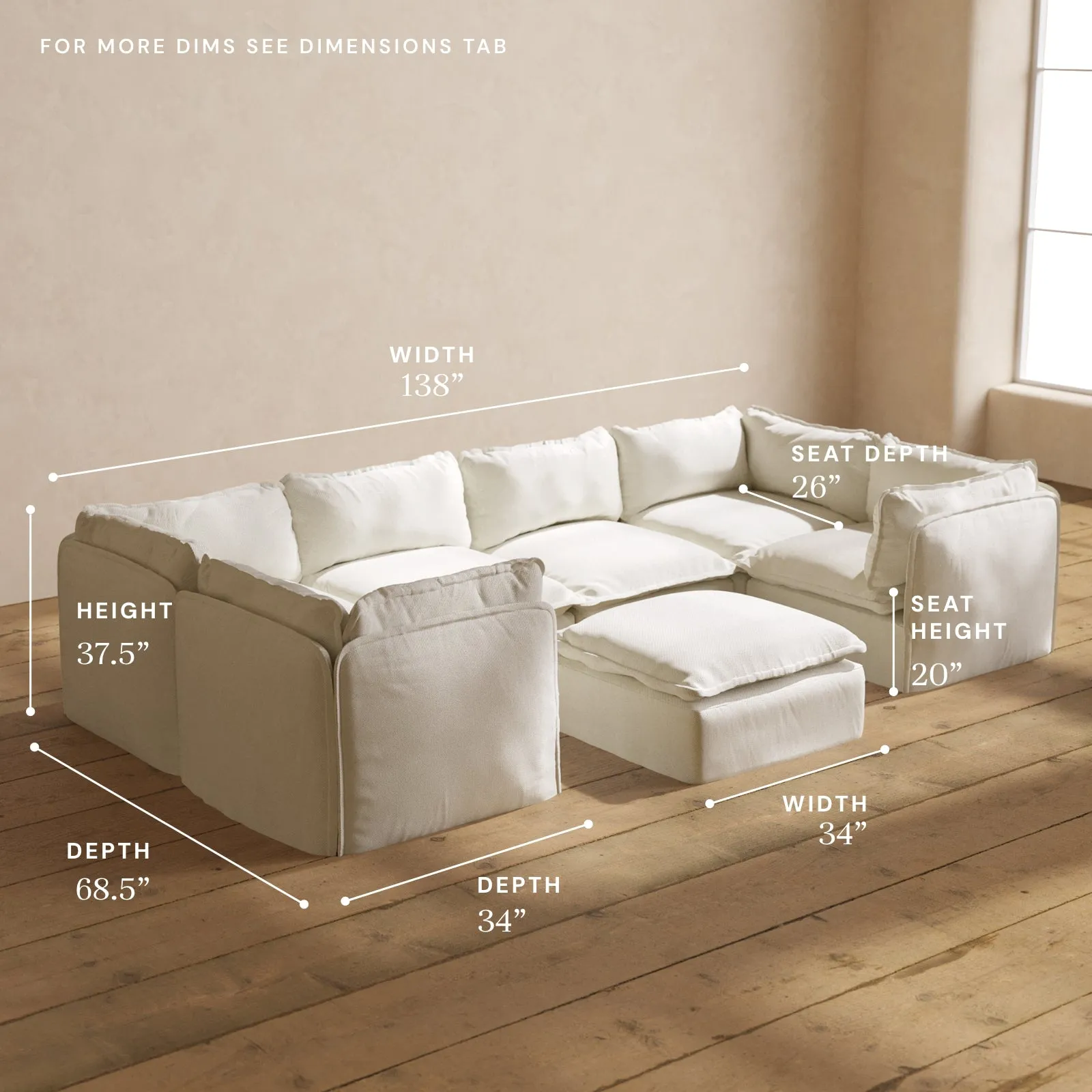 Modular Washable 6-Seater U-Sectional   Ottoman in Eggshell | Memorix  Seat | Contour Pillow
