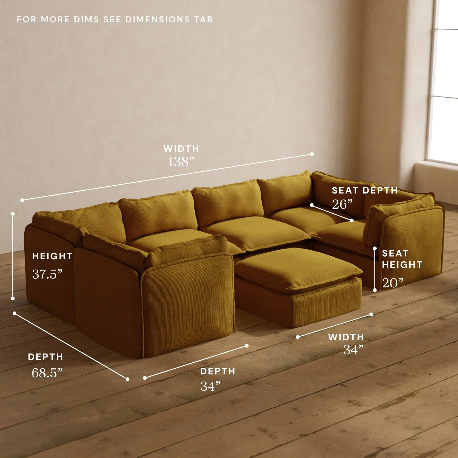 Modular Washable 6-Seater U-Sectional   Ottoman in Kiiro | Deluxe  Seat | Cloud Pillow
