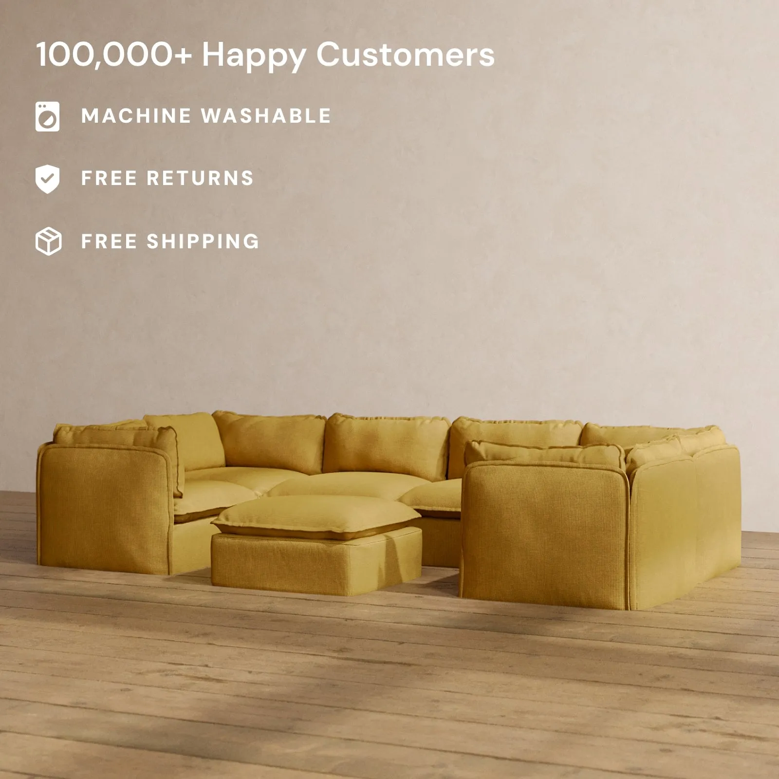 Modular Washable 6-Seater U-Sectional   Ottoman in Kiiro | Deluxe  Seat | Cloud Pillow