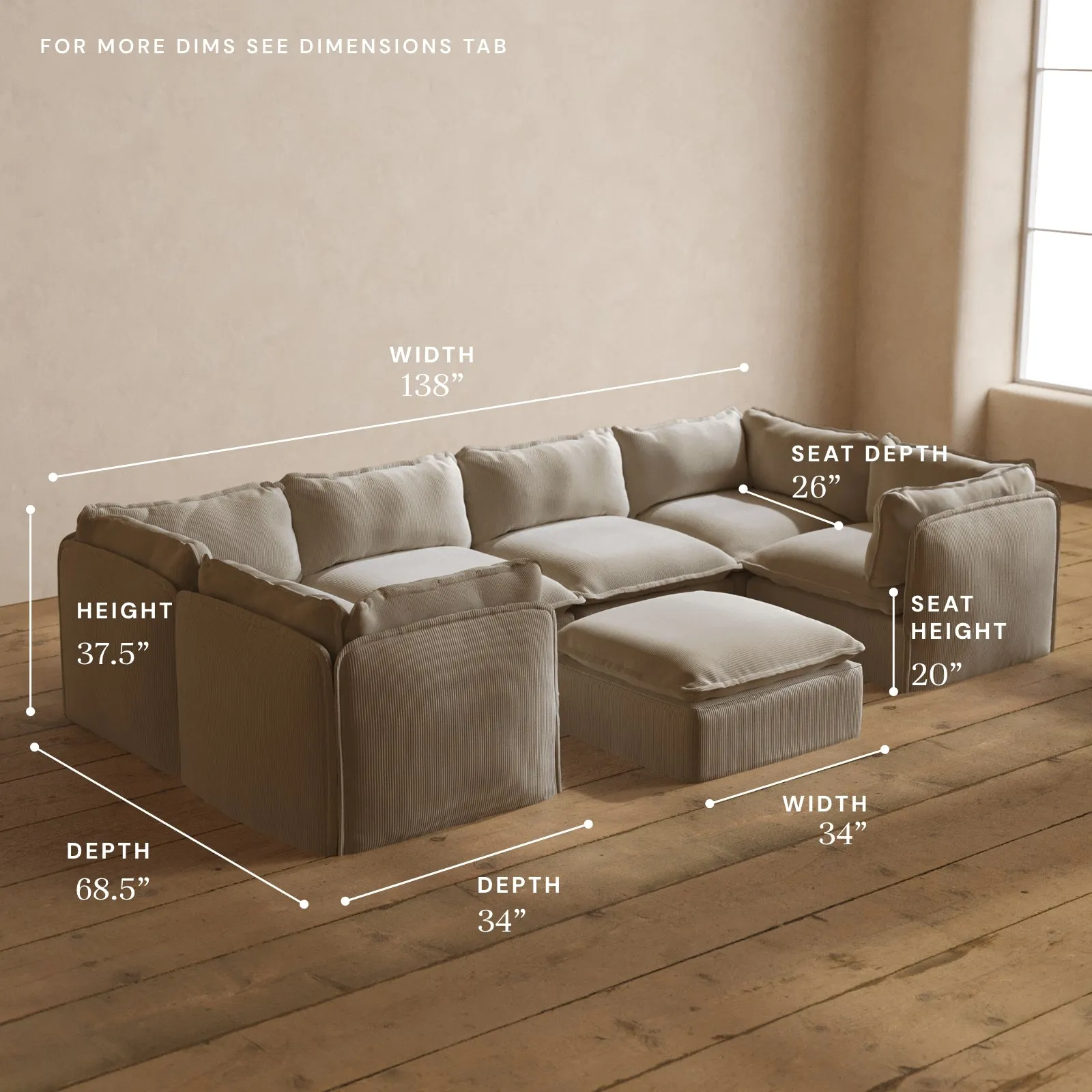 Modular Washable 6-Seater U-Sectional   Ottoman in Milk | Memorix  Seat | Contour Pillow