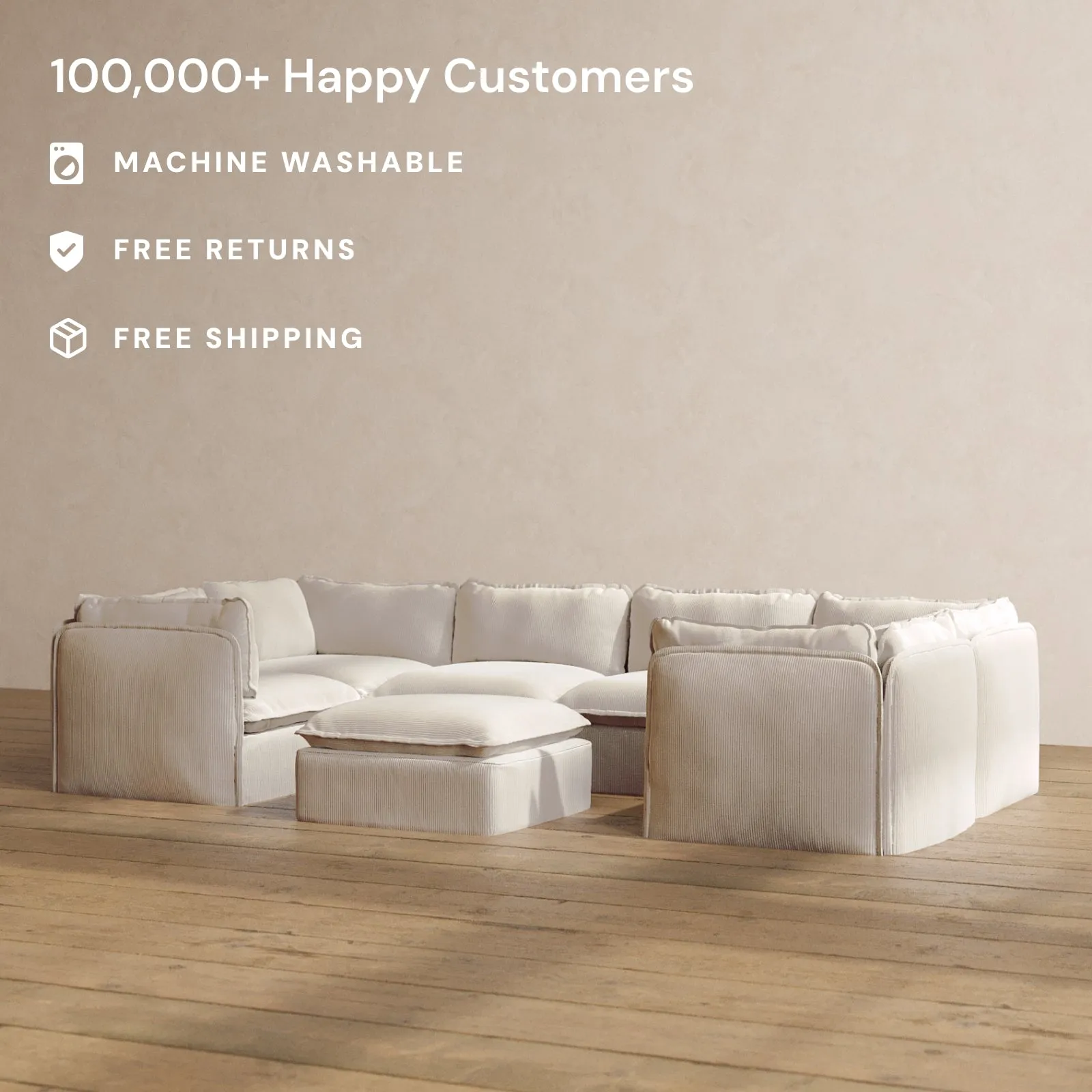 Modular Washable 6-Seater U-Sectional   Ottoman in Milk | Memorix  Seat | Contour Pillow