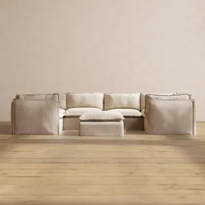 Modular Washable 6-Seater U-Sectional   Ottoman in Oat | Deluxe  Seat | Cloud Pillow