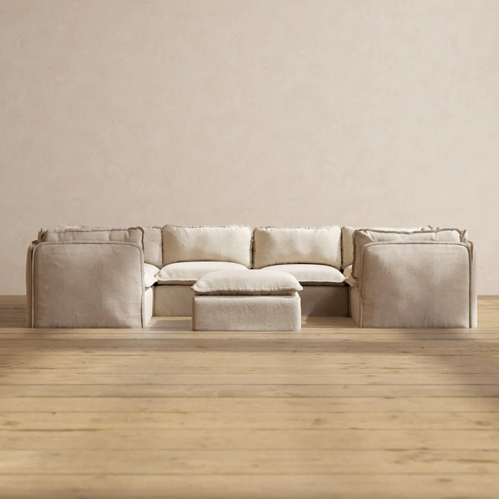 Modular Washable 6-Seater U-Sectional   Ottoman in Oat | Deluxe  Seat | Cloud Pillow