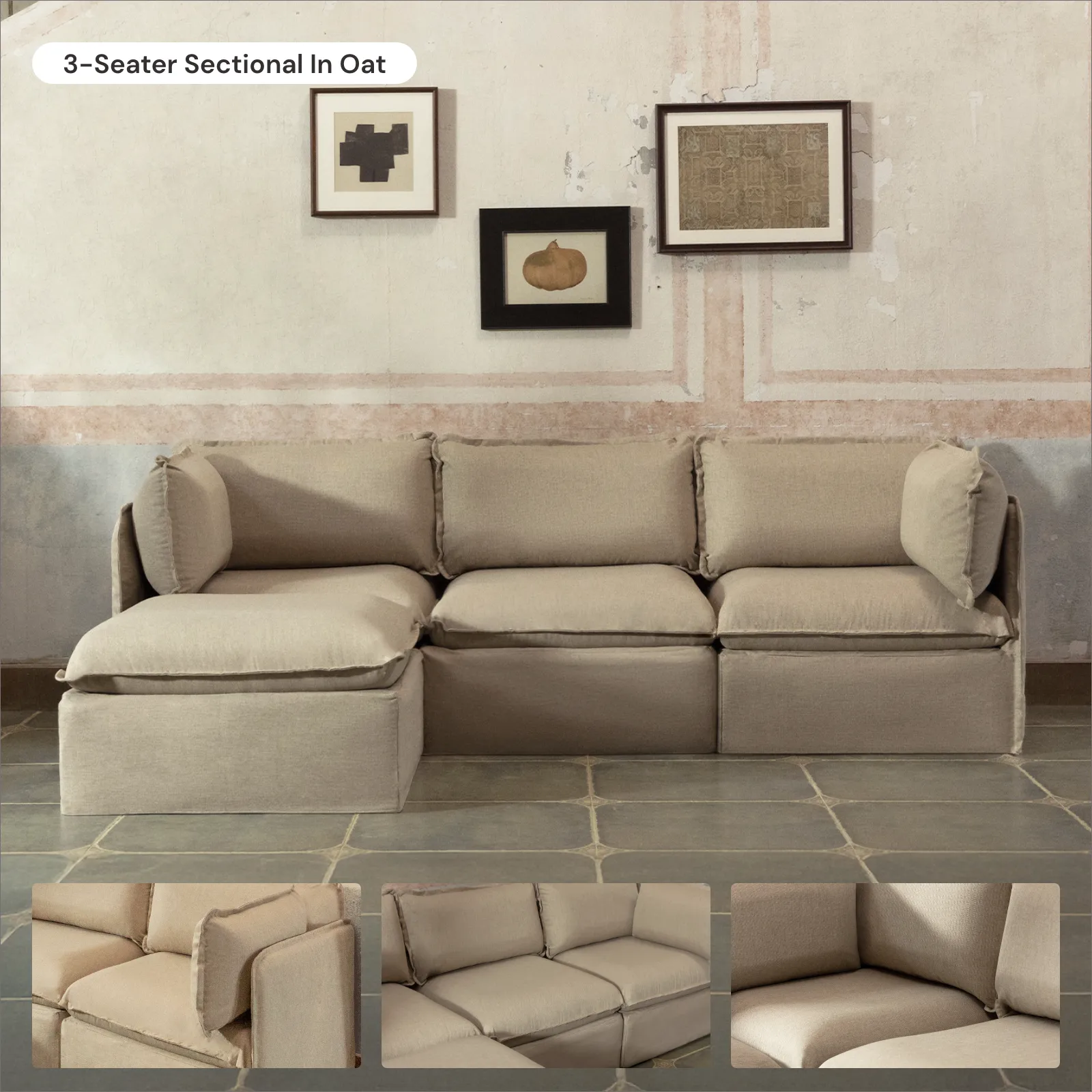 Modular Washable 6-Seater U-Sectional   Ottoman in Oat | Deluxe  Seat | Cloud Pillow