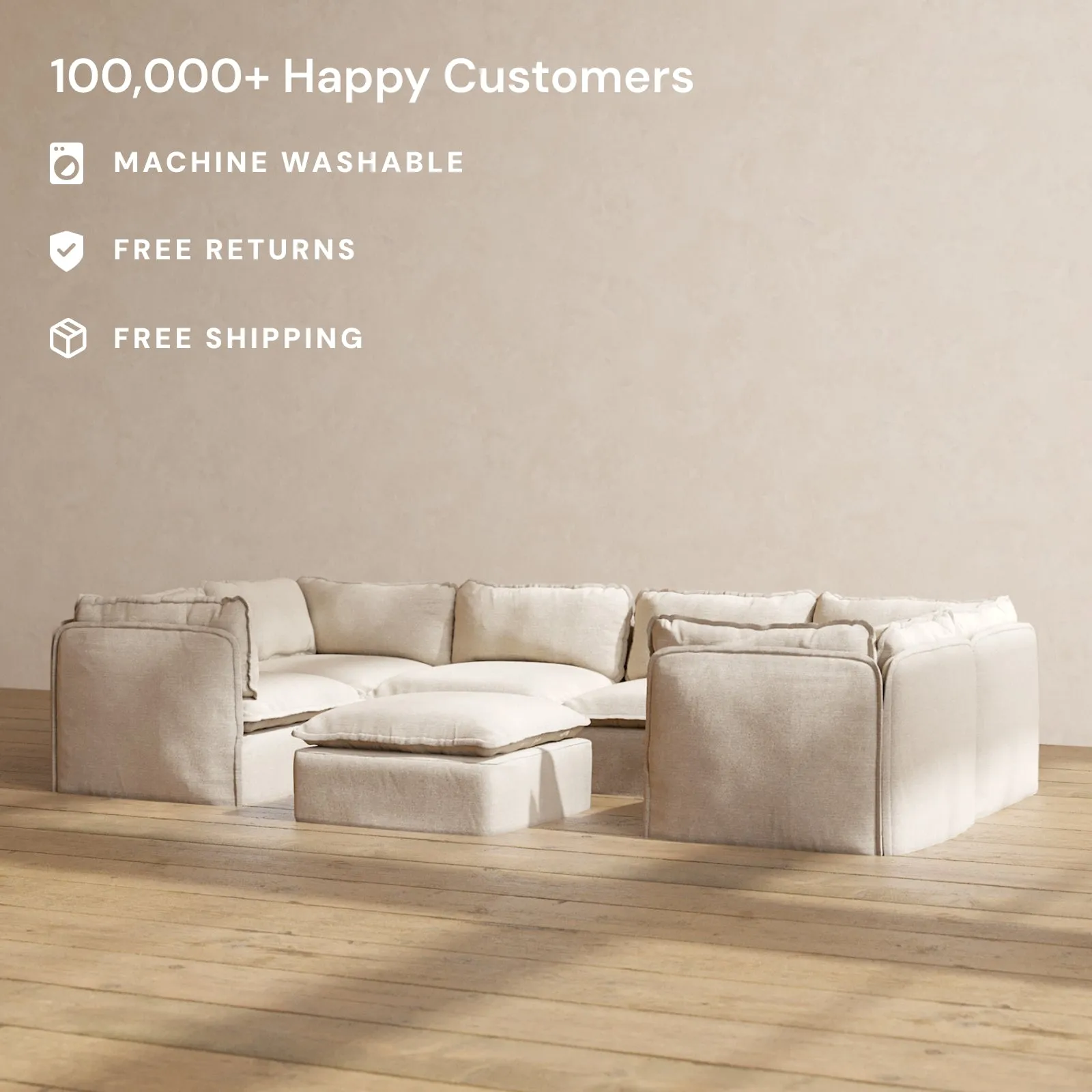 Modular Washable 6-Seater U-Sectional   Ottoman in Oat | Deluxe  Seat | Cloud Pillow