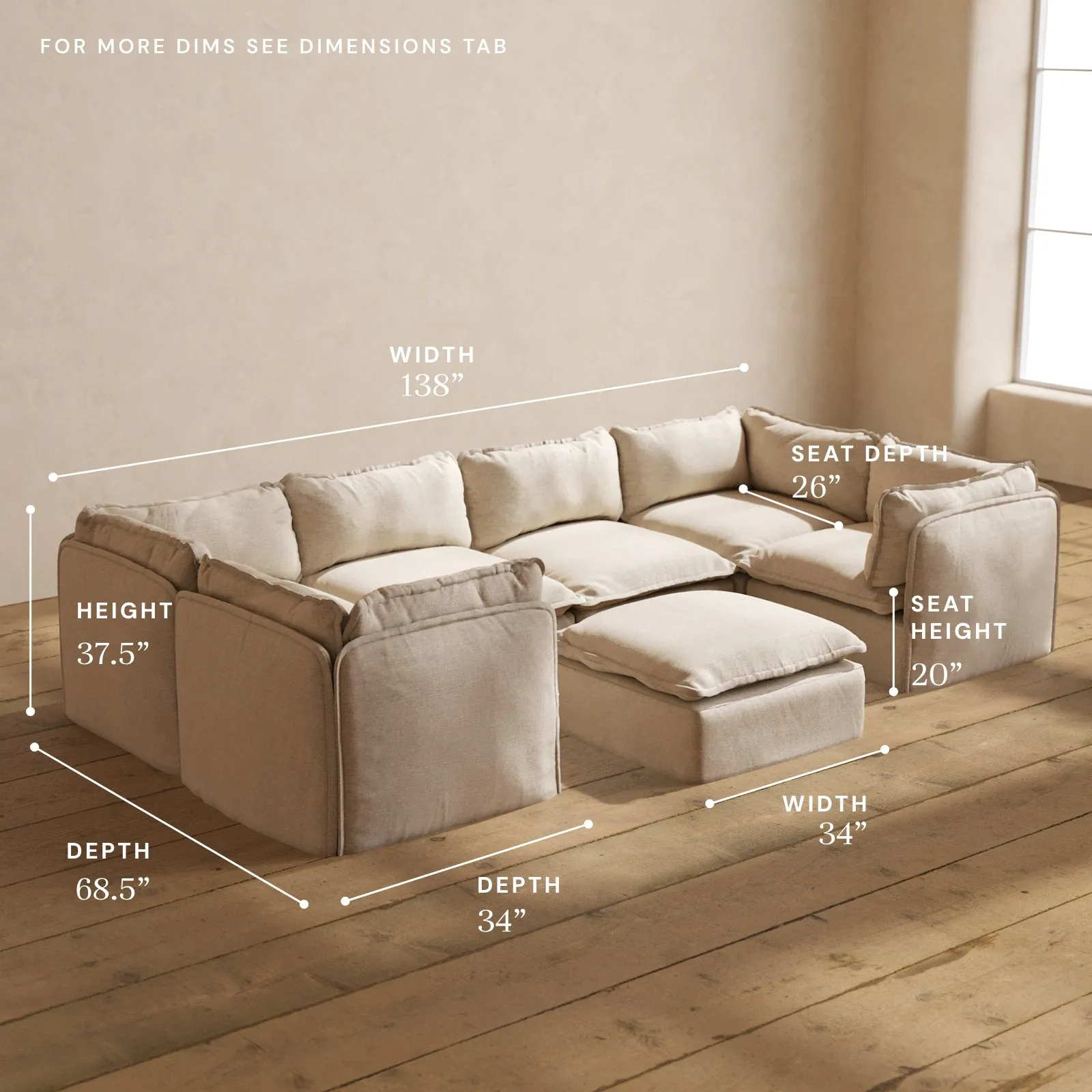 Modular Washable 6-Seater U-Sectional   Ottoman in Oat | Memorix  Seat | Contour Pillow