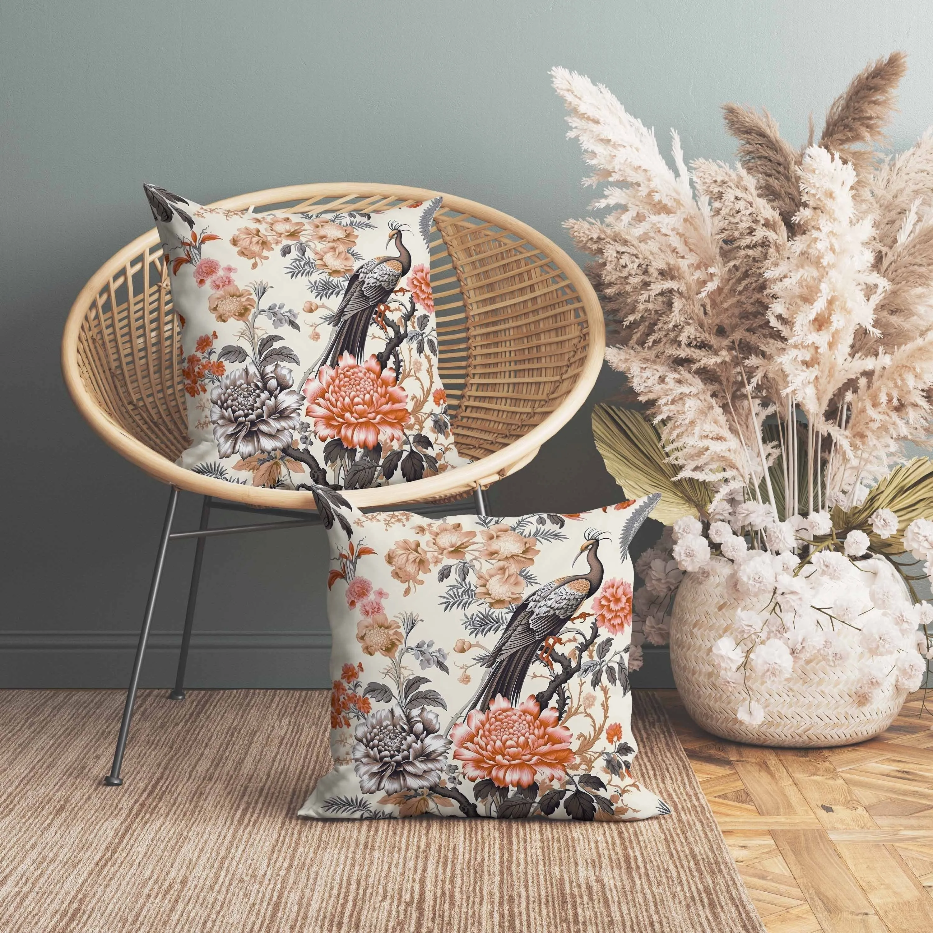 Peacock Panache Indoor/Outdoor Reversible Throw Pillow Beige and Brown