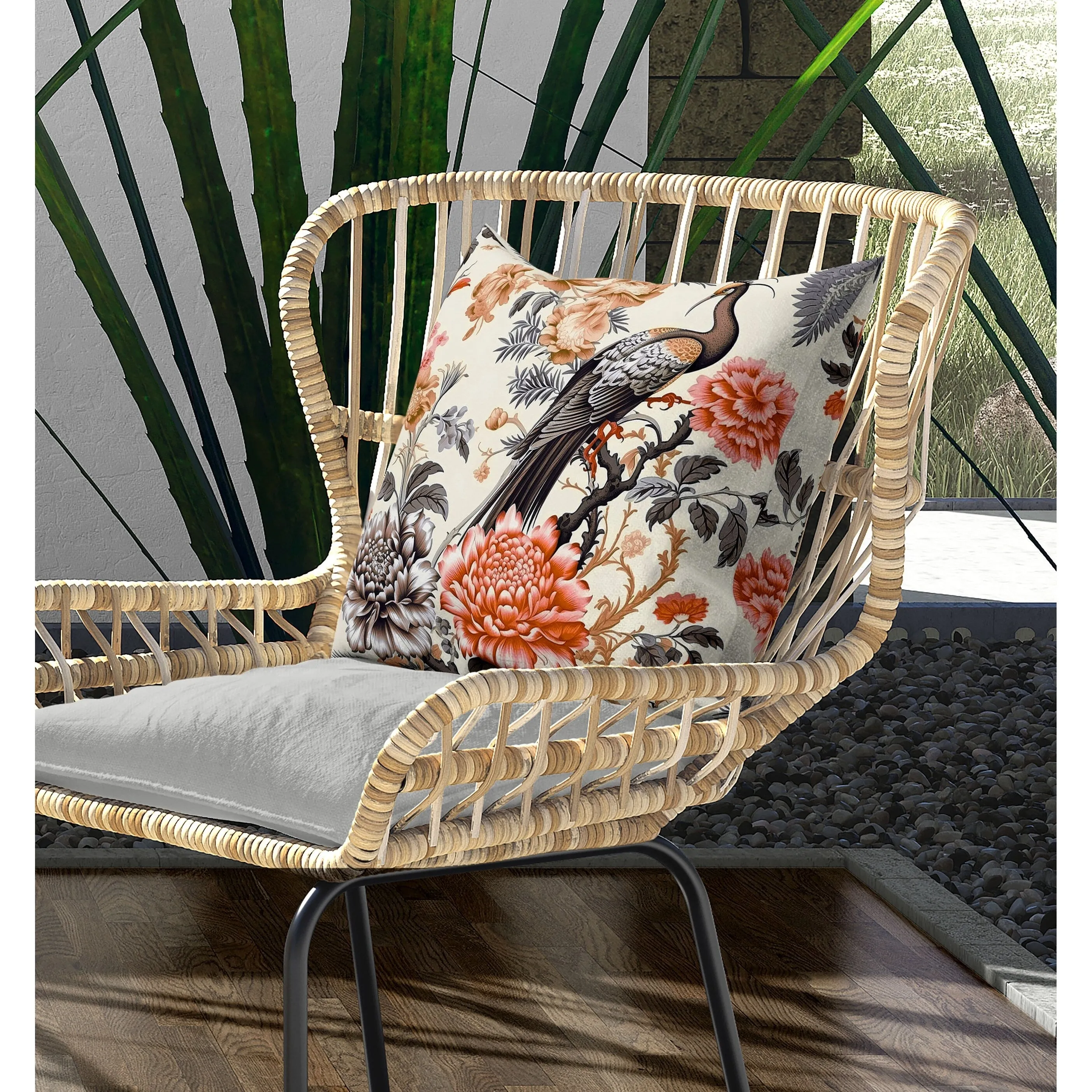 Peacock Panache Indoor/Outdoor Reversible Throw Pillow Beige and Brown