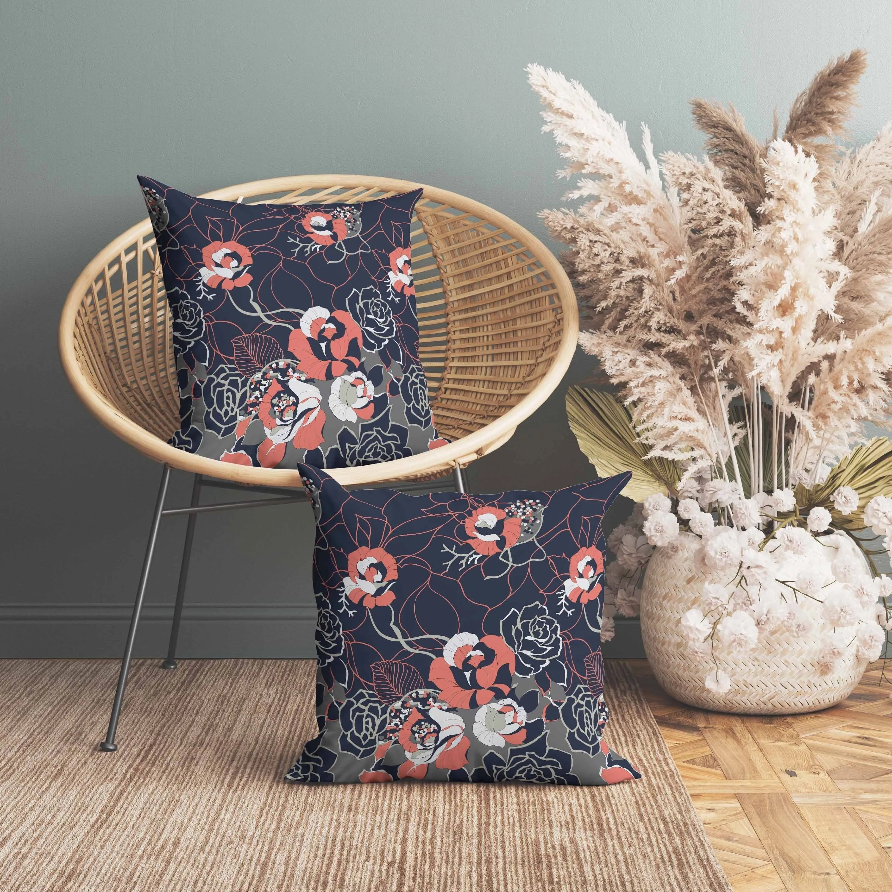 Regal Rose Retreat Faux Suede Reversible Throw Pillow Indigo and Red