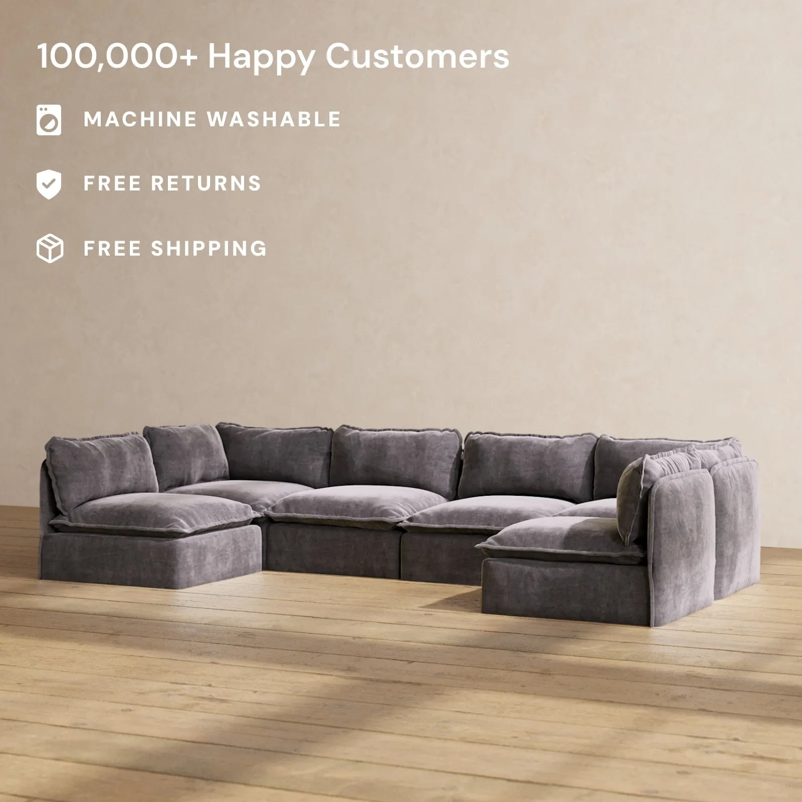 Slipcover Only - Modular Performance 6-Seater Open-Ends U-Sectional | Luxury Velvet in Cinder