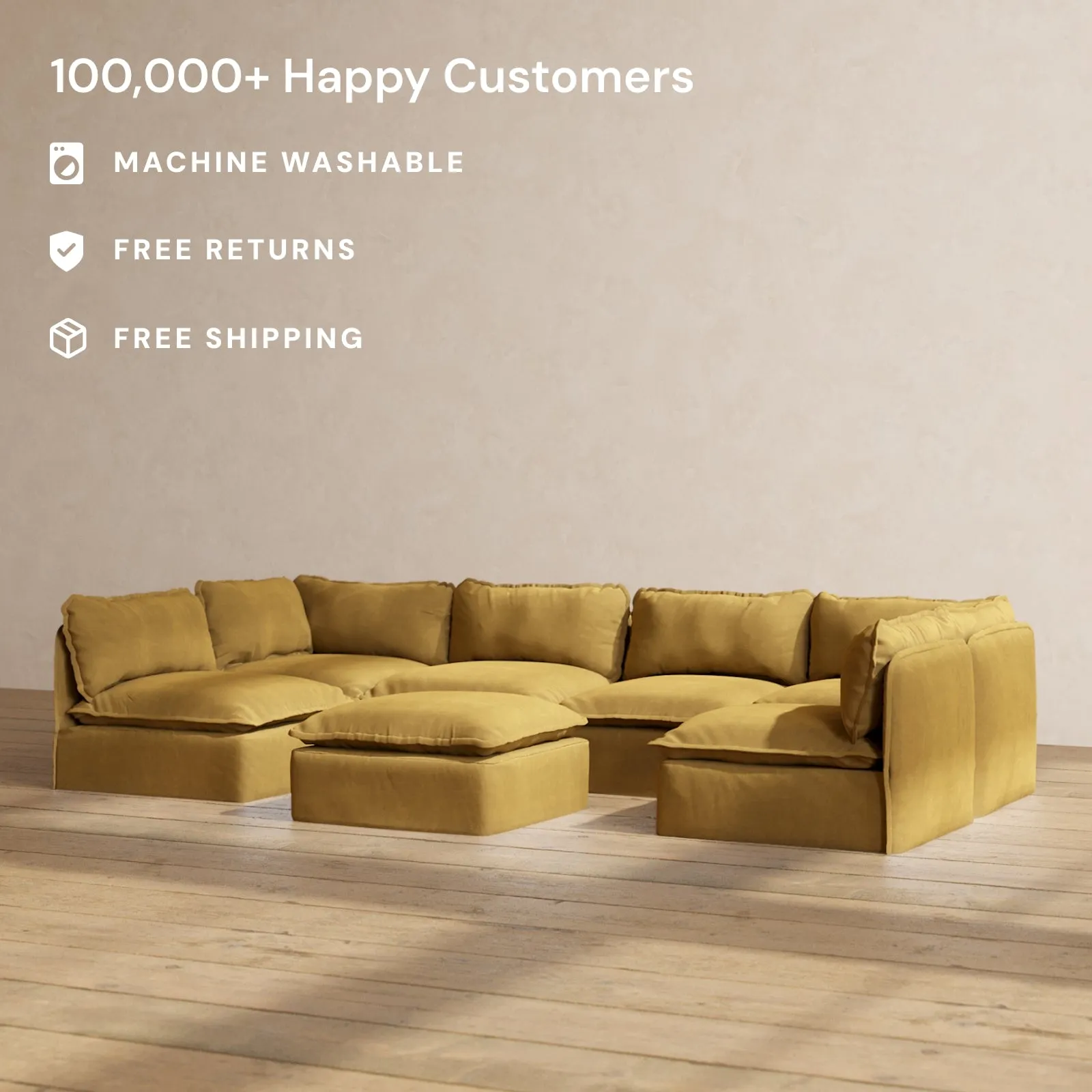 Slipcover Only - Modular Performance 6-Seater Open-Ends U-Sectional   Ottoman | Luxury Velvet in Toffee